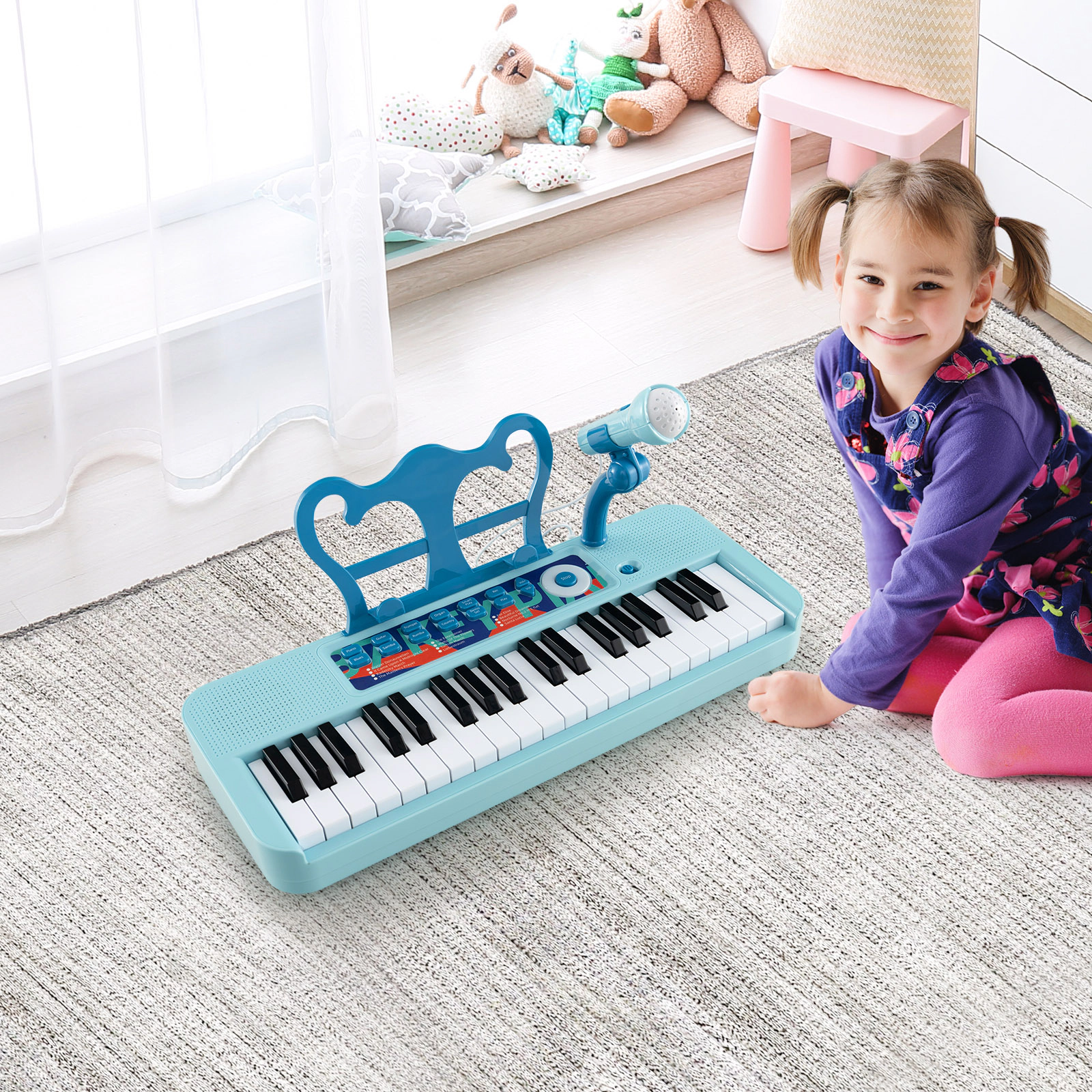 SUGIFT Blue 37-Key Kids Piano Keyboard with Microphone 22 Demo Songs Detachable Legs Music Stand and Stool