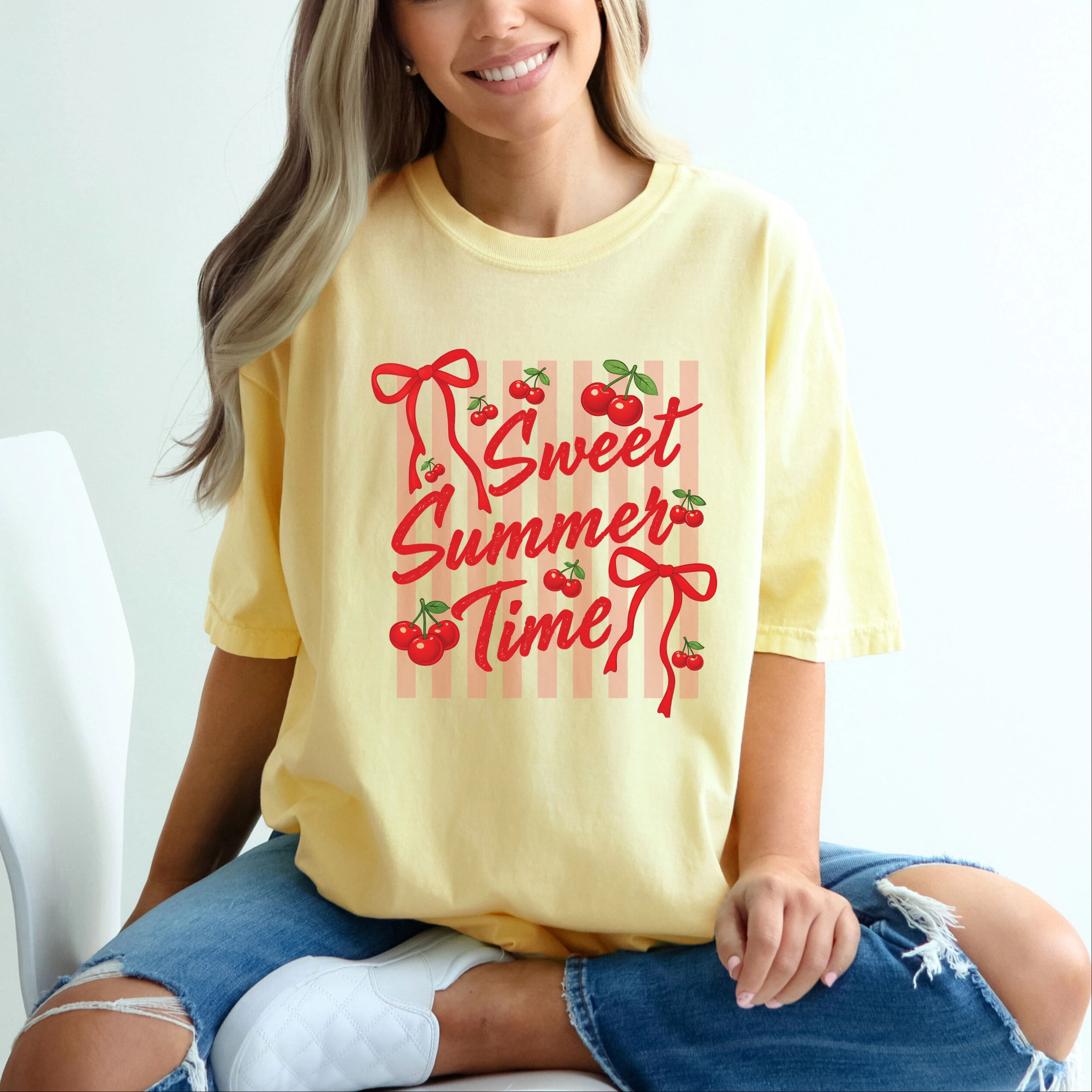 Simply Sage Market - Sweet Summer Time Cherries Coquette Women's Garment Dyed Graphic T-Shirt