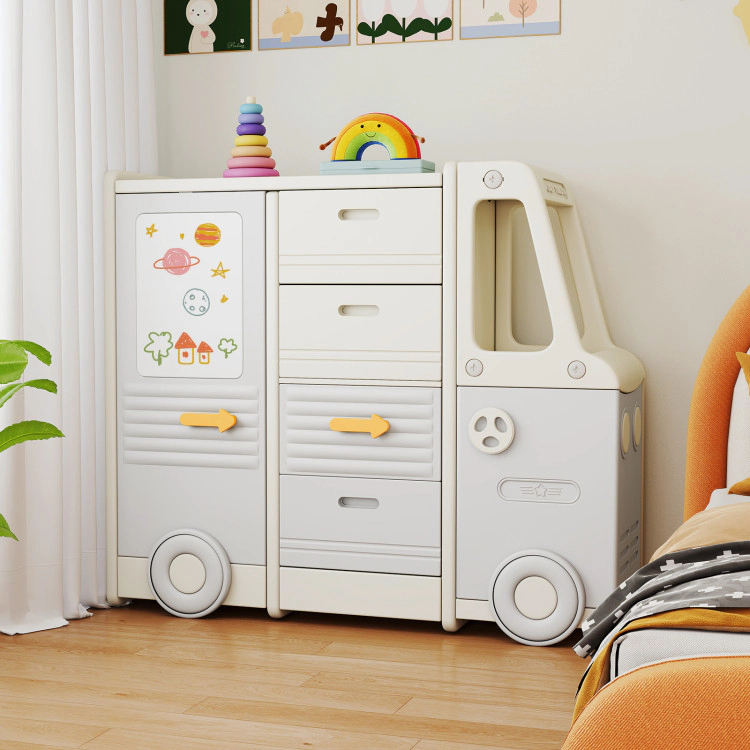 Hivvago Kids Toy Storage Organizer Bus-shaped Children Cabinet with 4 Pull-out Drawers with Handles