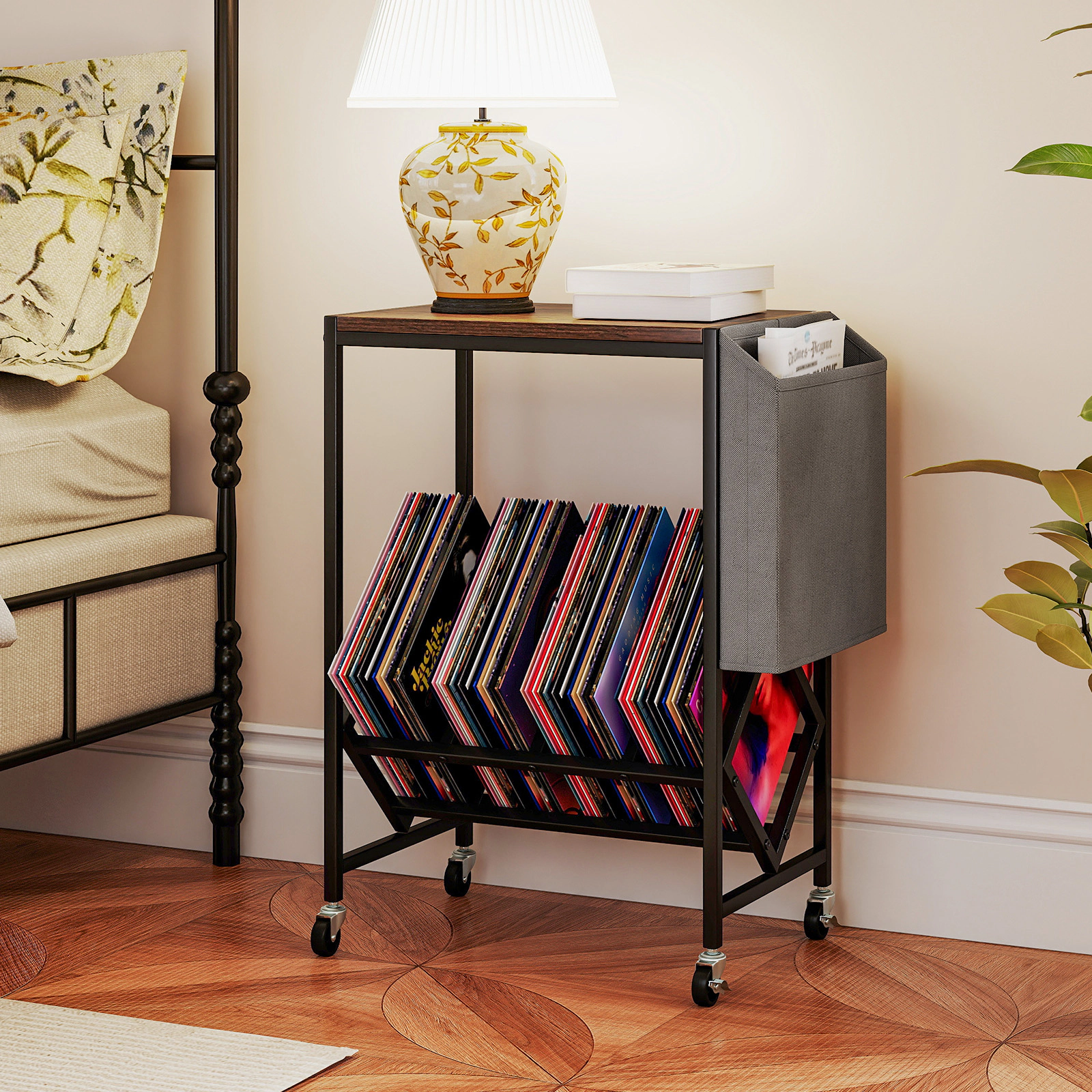 SUGIFT Rolling Record Player Stand 2-Tier Accent Table Vinyl Storage & Magazine Holder 55-lb Tabletop Capacity Rustic
