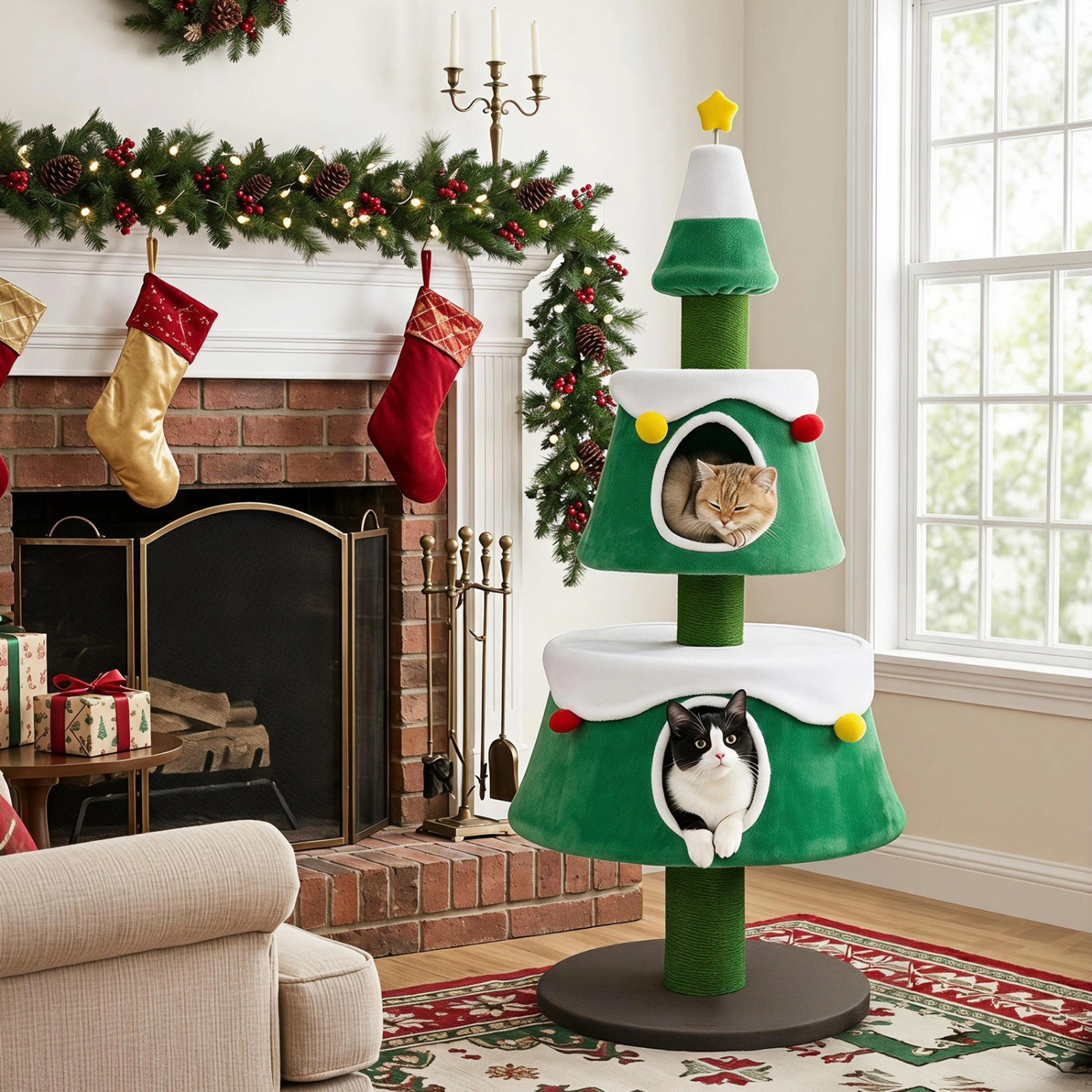 SUGIFT 61.5-in Cat Christmas Tree Tower with 2 Large Condos Star Spring Toy Decorative Spheres & Scratching Posts Green