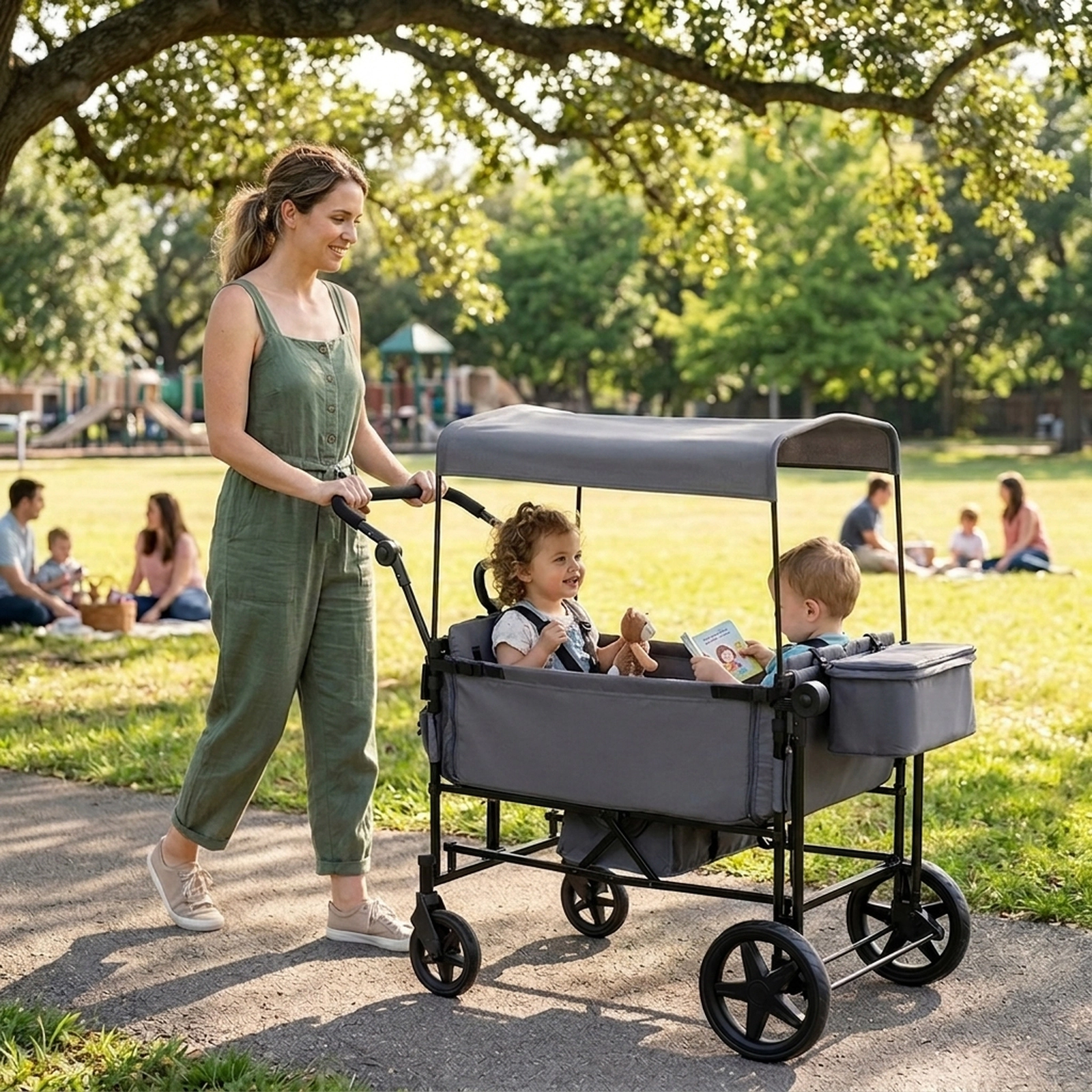 SUGIFT Foldable 4-Seater Wagon Stroller with Removable Canopy and Adjustable Push Handle 160-lb Capacity Black/Gray