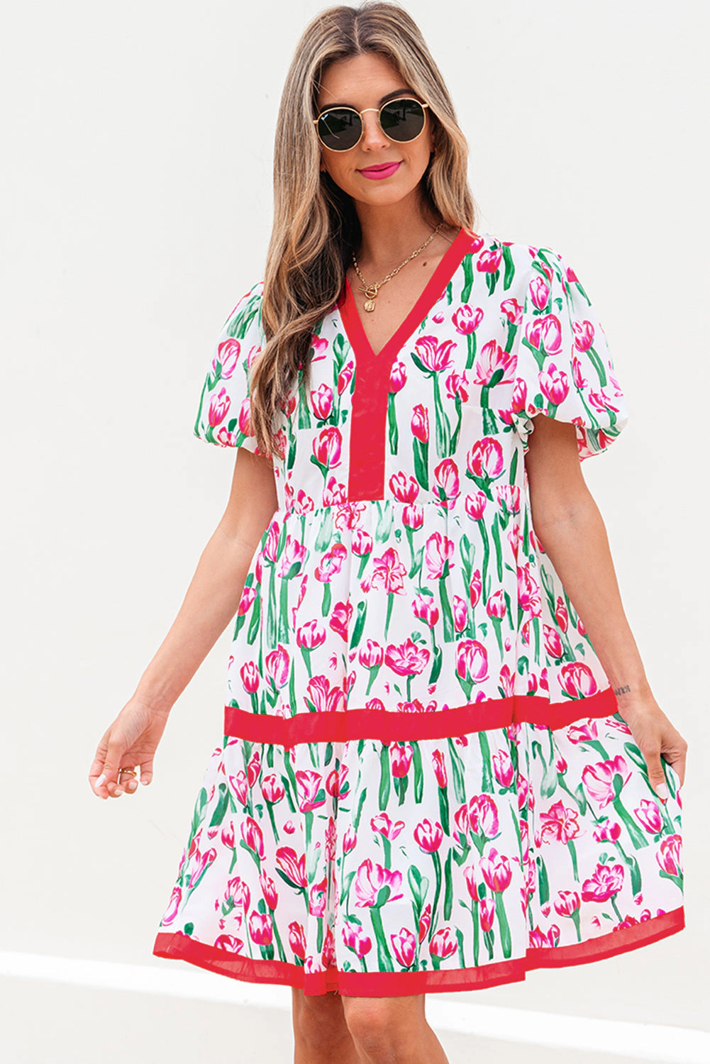 Threaded Pear Women's Berkley Floral V Neck Bubble Babydoll Dress