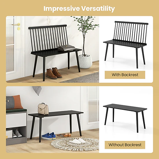 SUGIFT Entryway Bench Black Rubber Wood 2-Seat Bench with Removable Spindle Back