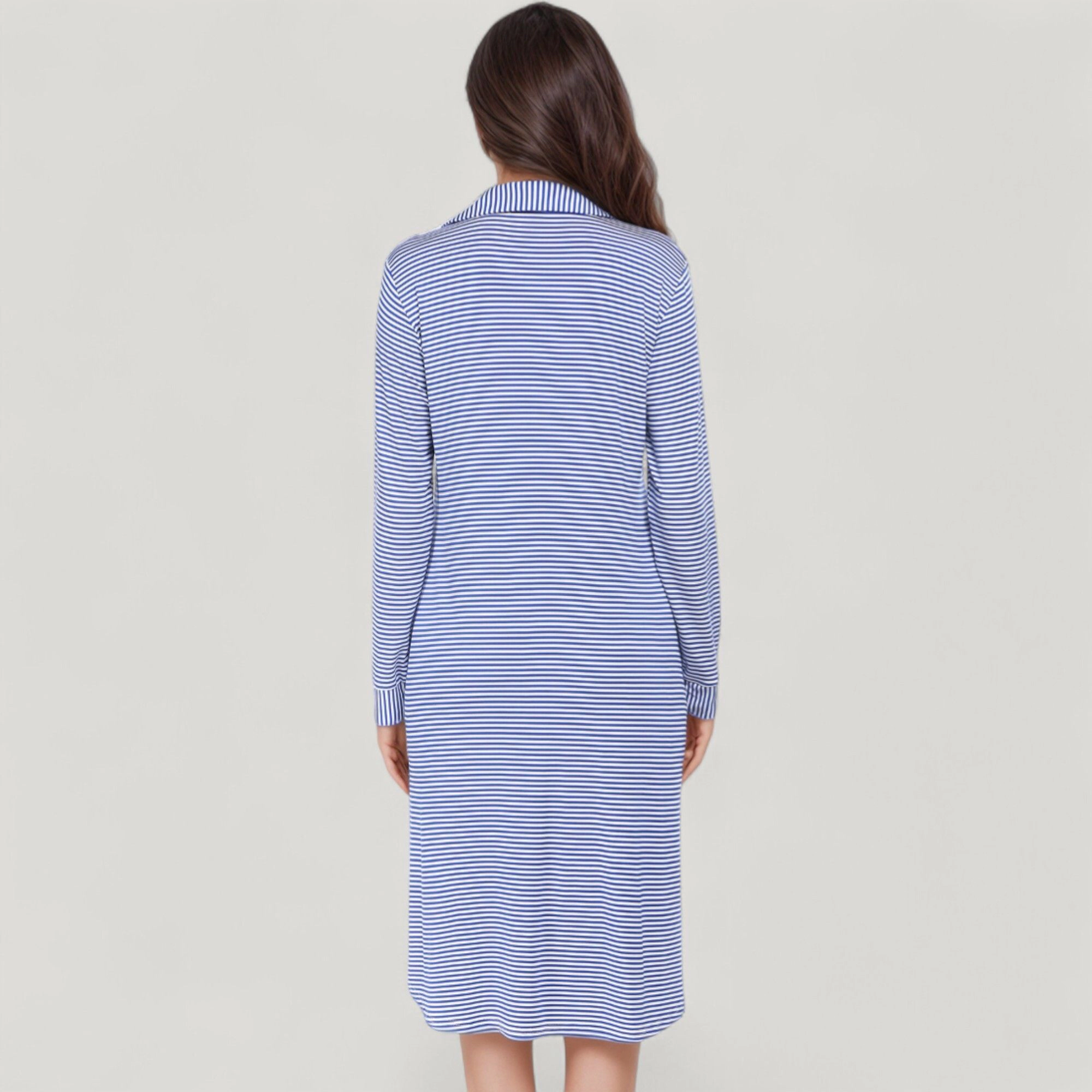 Anna-Kaci Women's Woven Stripe Long Sleeve Button Down Sleep Shirt with Lapel Collar and Curved Hem