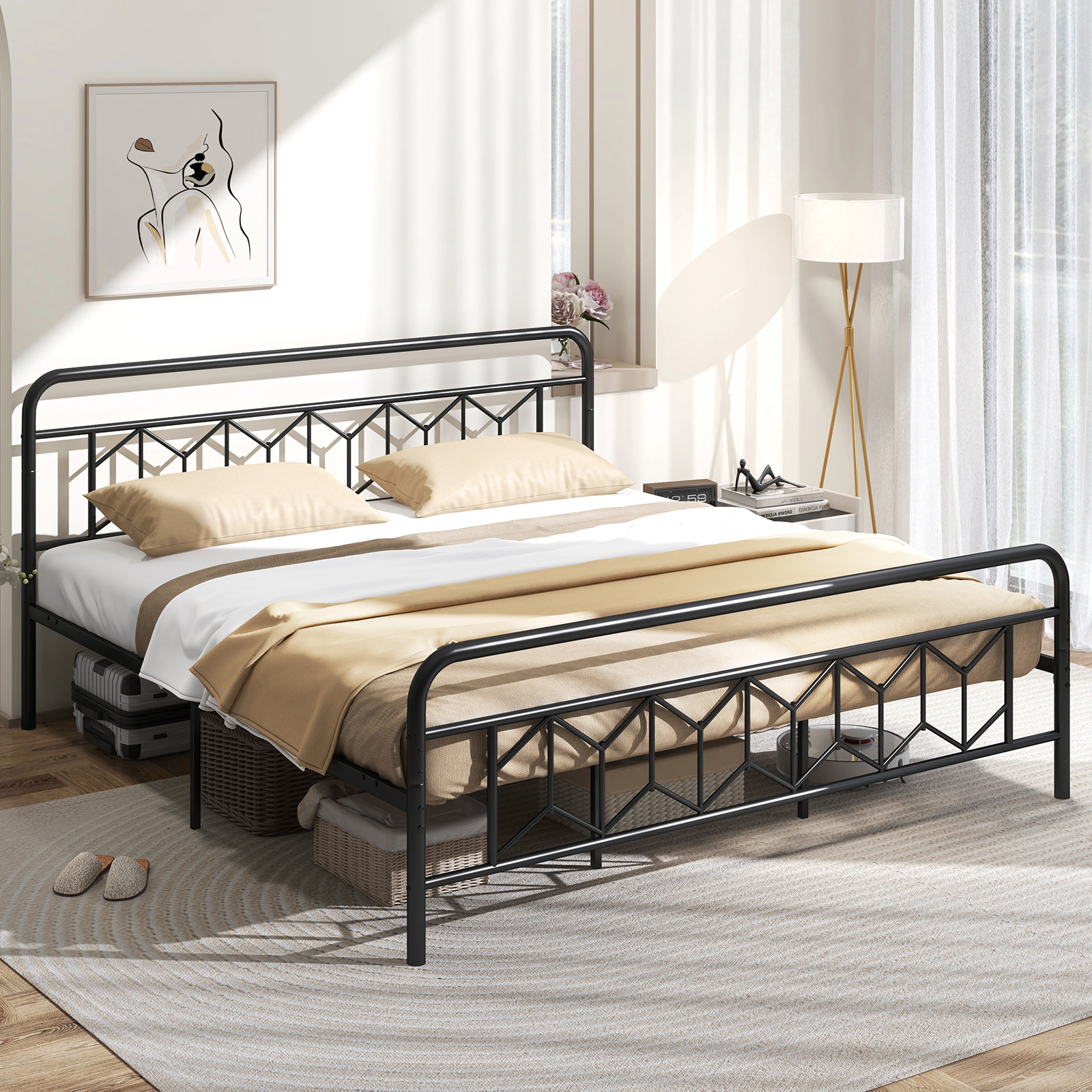 LJG Platform Bed with High Headboard and Snap Lock Metal Slats