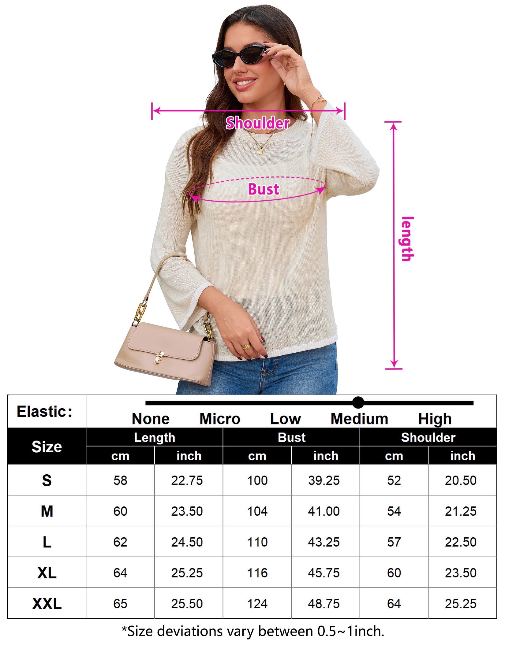 KOJOOIN Women's Knit Sweater Crew Neck Drop Shoulder 3/4 Bell Sleeve Striped Trim Pullover Tops