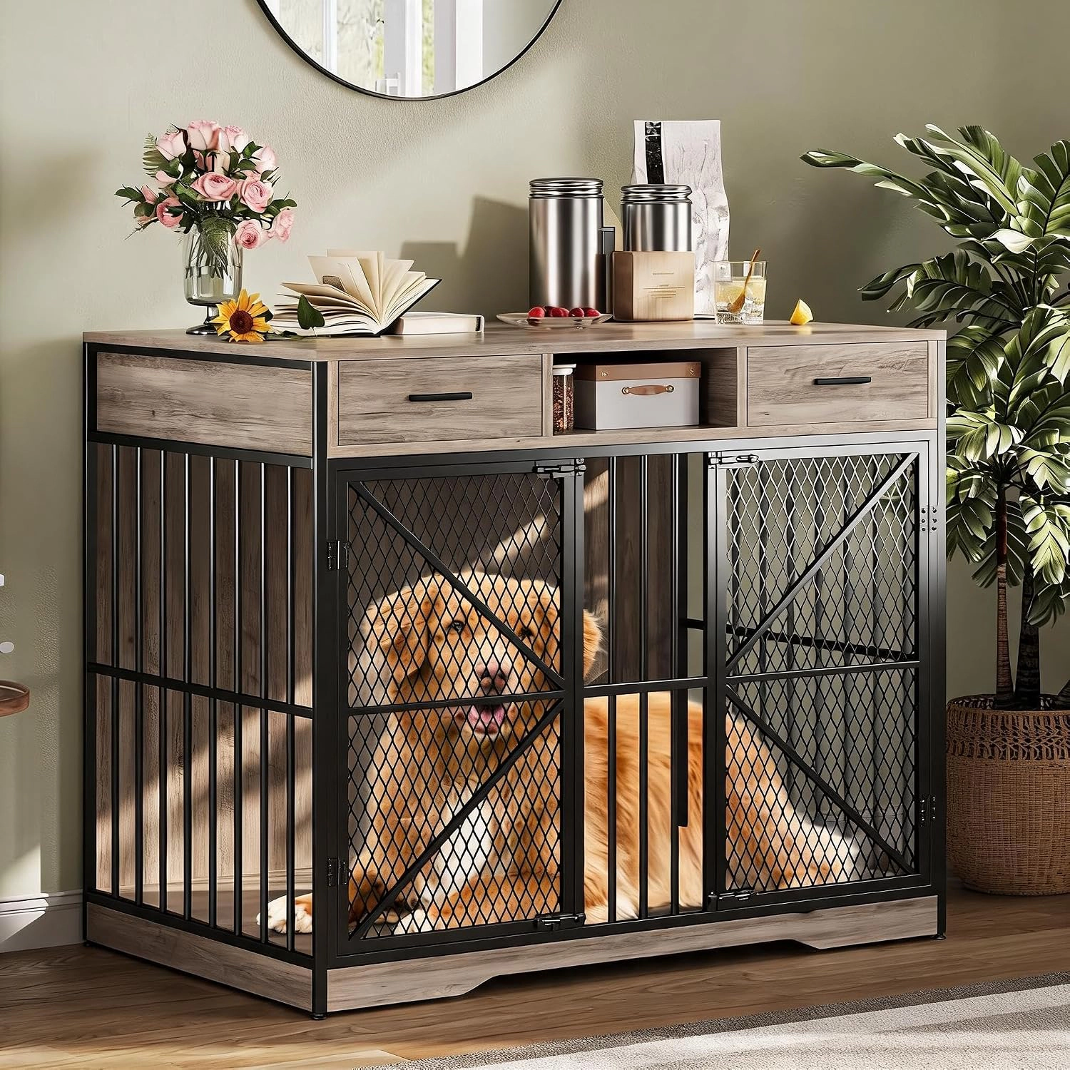 NPTT-TM01 Ironwood Pet Cage, Drawer-Style Indoor Dog Crate End-Table Furniture