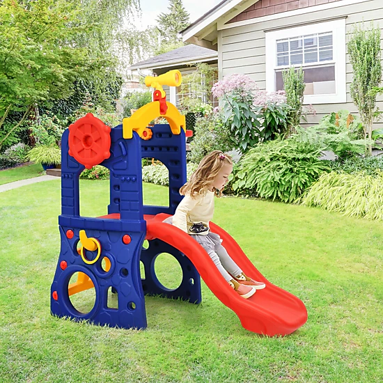 LJG 6-in-1 Freestanding Kids Slide with Basketball Hoop and Ring Toss