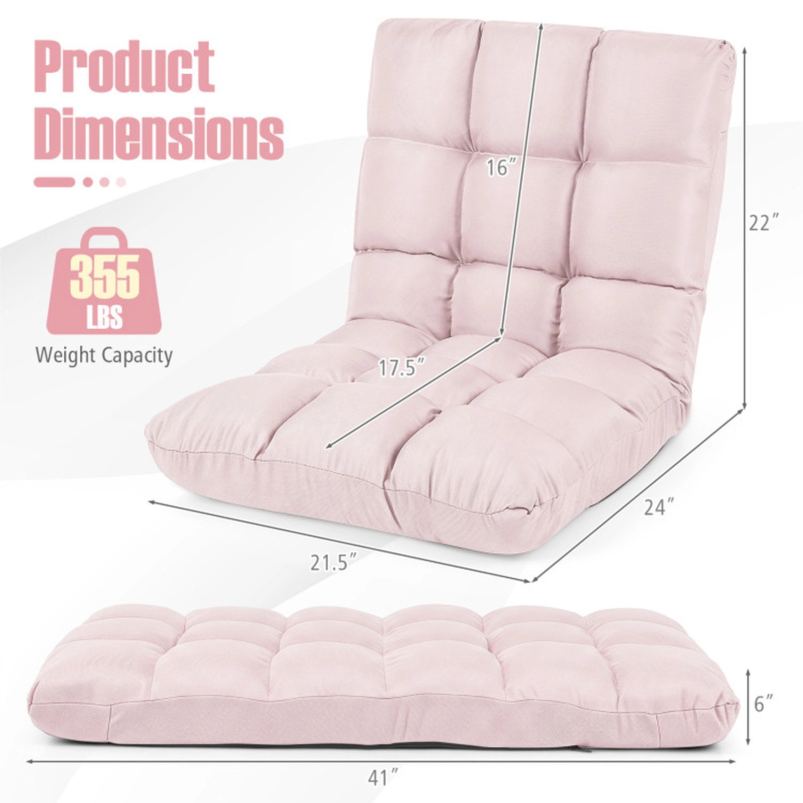 SUGIFT Light Pink 14-Position Folding Floor Chair, 264-Lb Capacity