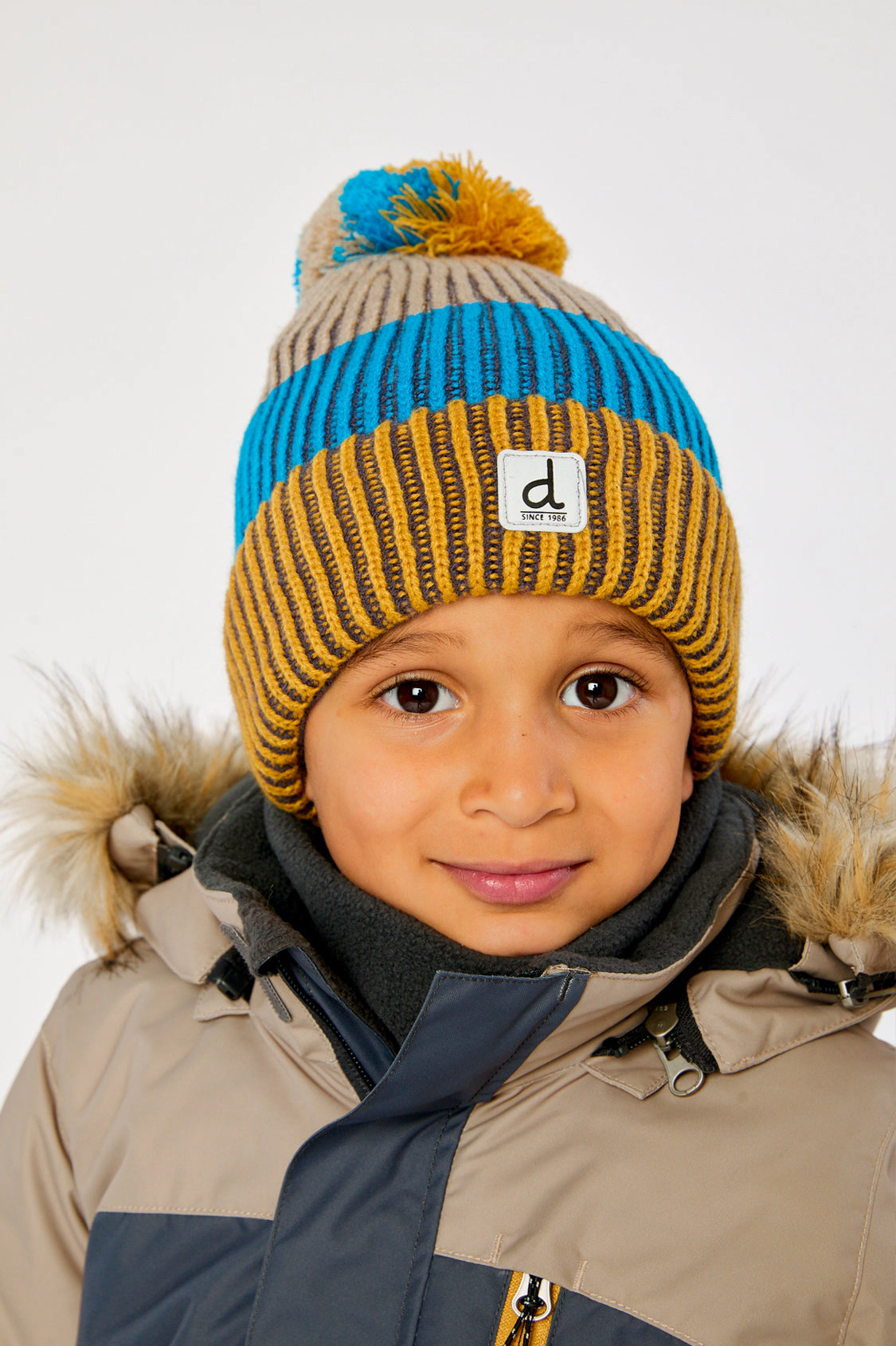 Deux par Deux Boys Graphic Striped Winter Knit Hat with Pompom