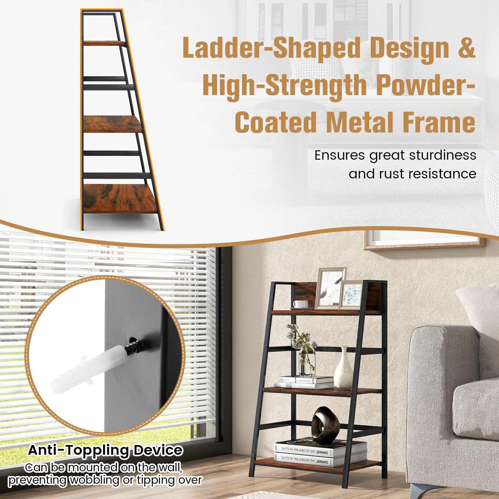 SUGIFT Rustic Brown 3-Tier Ladder Industrial Bookshelf with Metal Frame