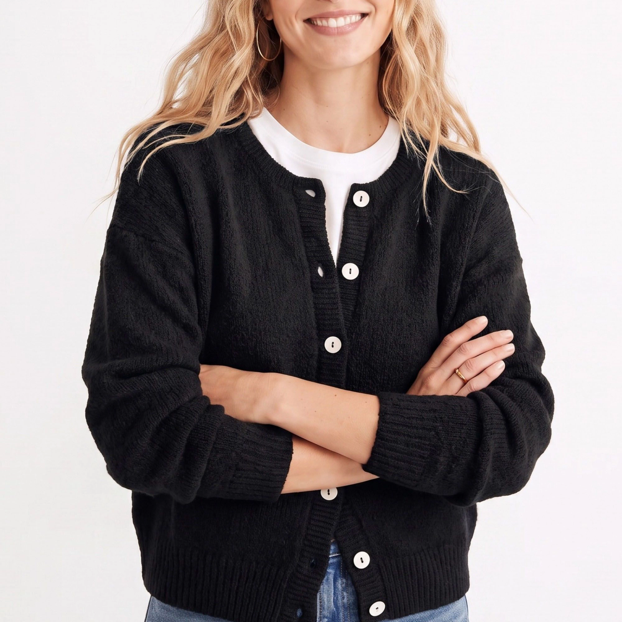 Anna-Kaci Women's Soft Textured Button-Front Crew Neck Cardigan
