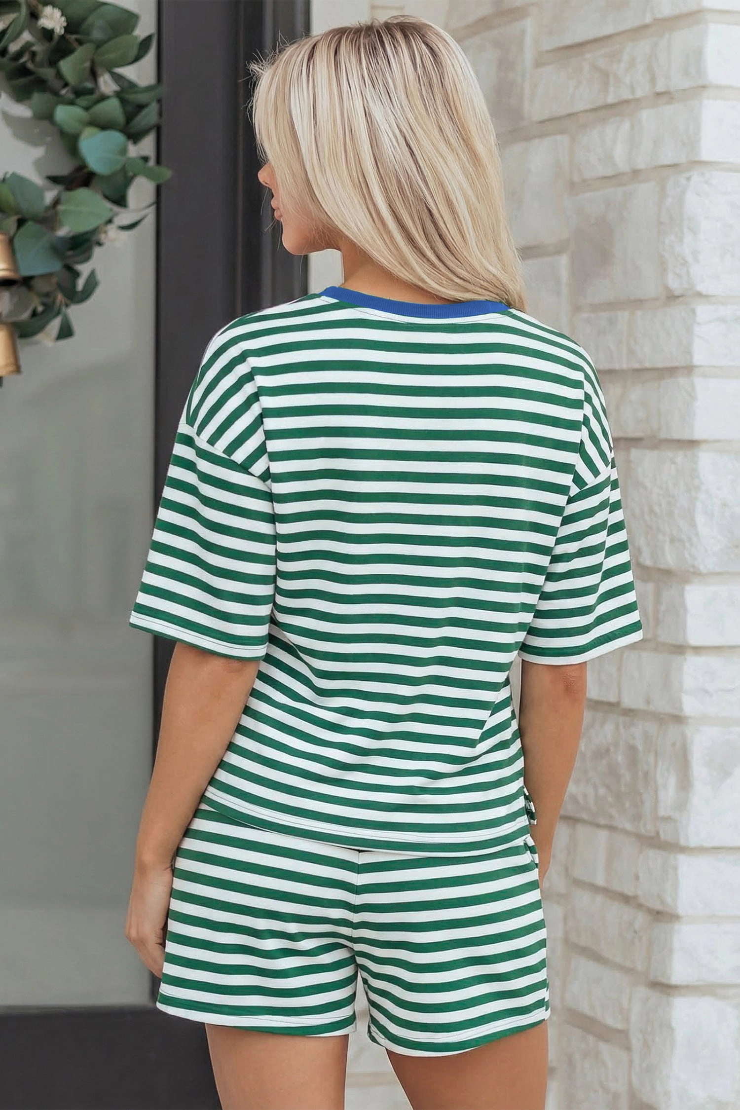 Threaded Pear Womens Delaney Casual Terry 2-Piece Lounge Set - Green Stripe