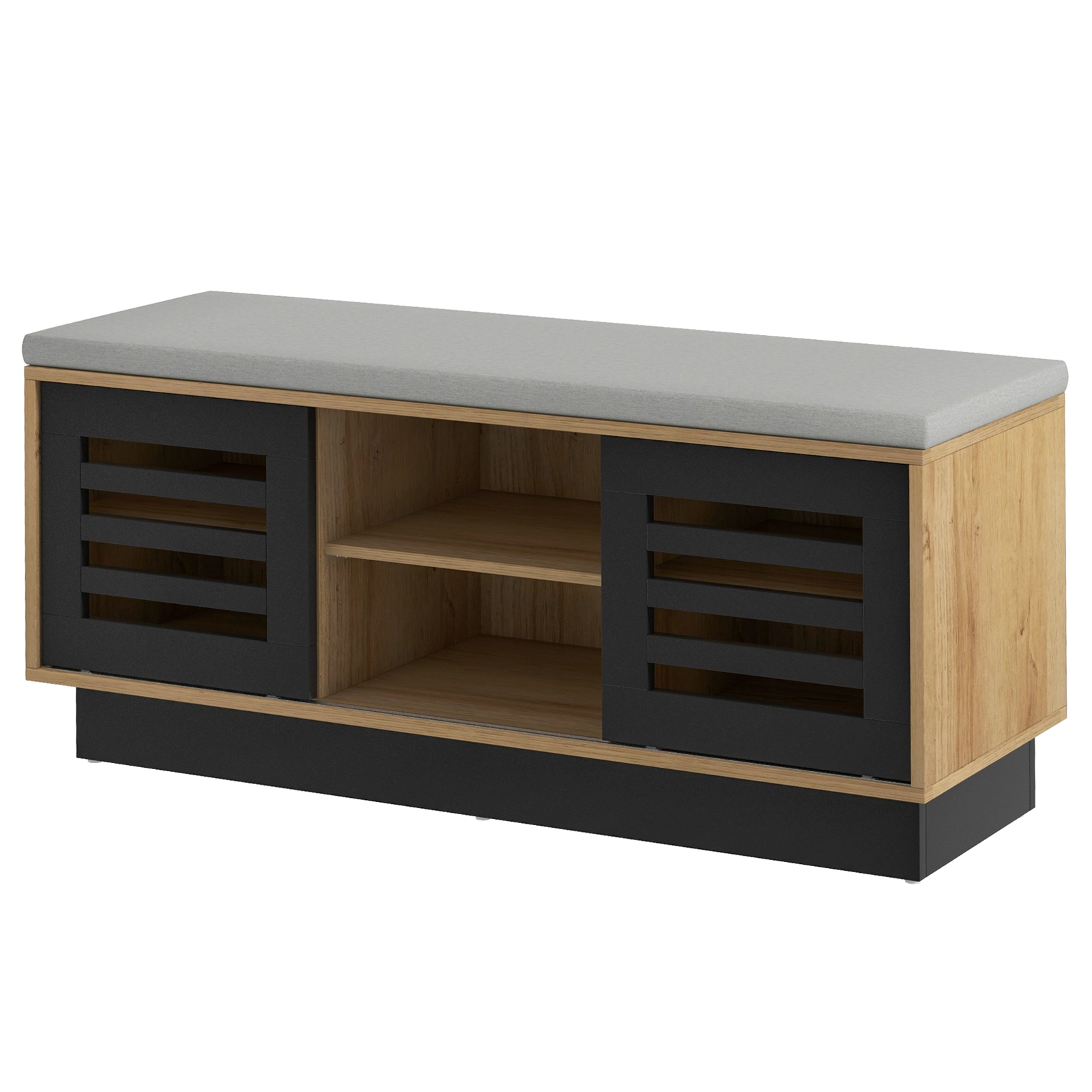 SUGIFT 39-in Shoe Storage Bench with 2 Sliding Doors 6 Compartments and Cushioned Entryway Window Seat