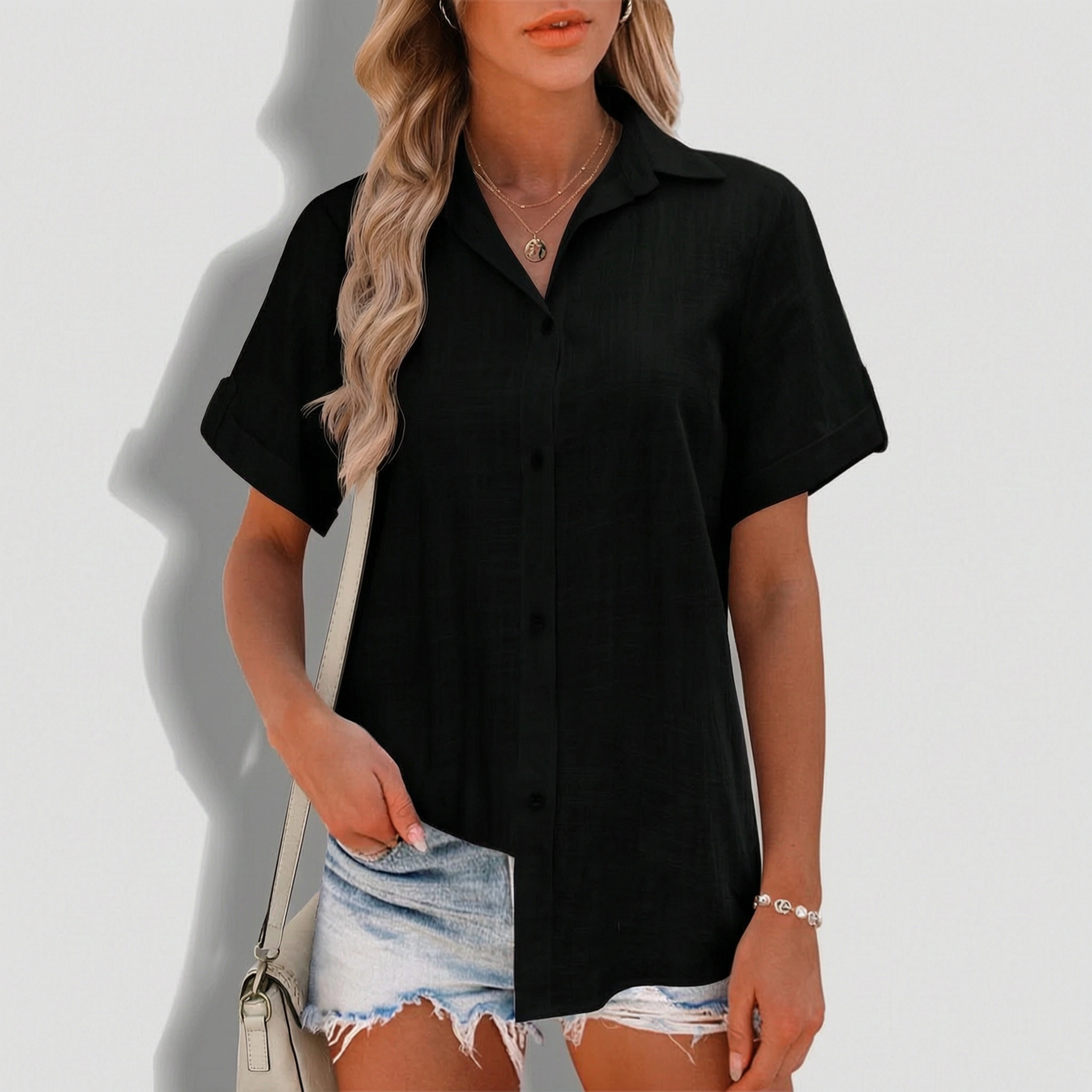 Zeagoo Women s Short Sleeve Button Down V Neck Cotton Linen Blouse, Casual Office Work Tunic Tops