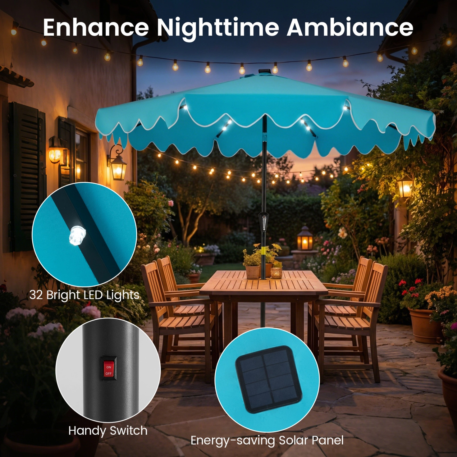 SUGIFT Turquoise 9 ft Outdoor Patio Umbrella with 32 Solar LED Lights and Sandbags