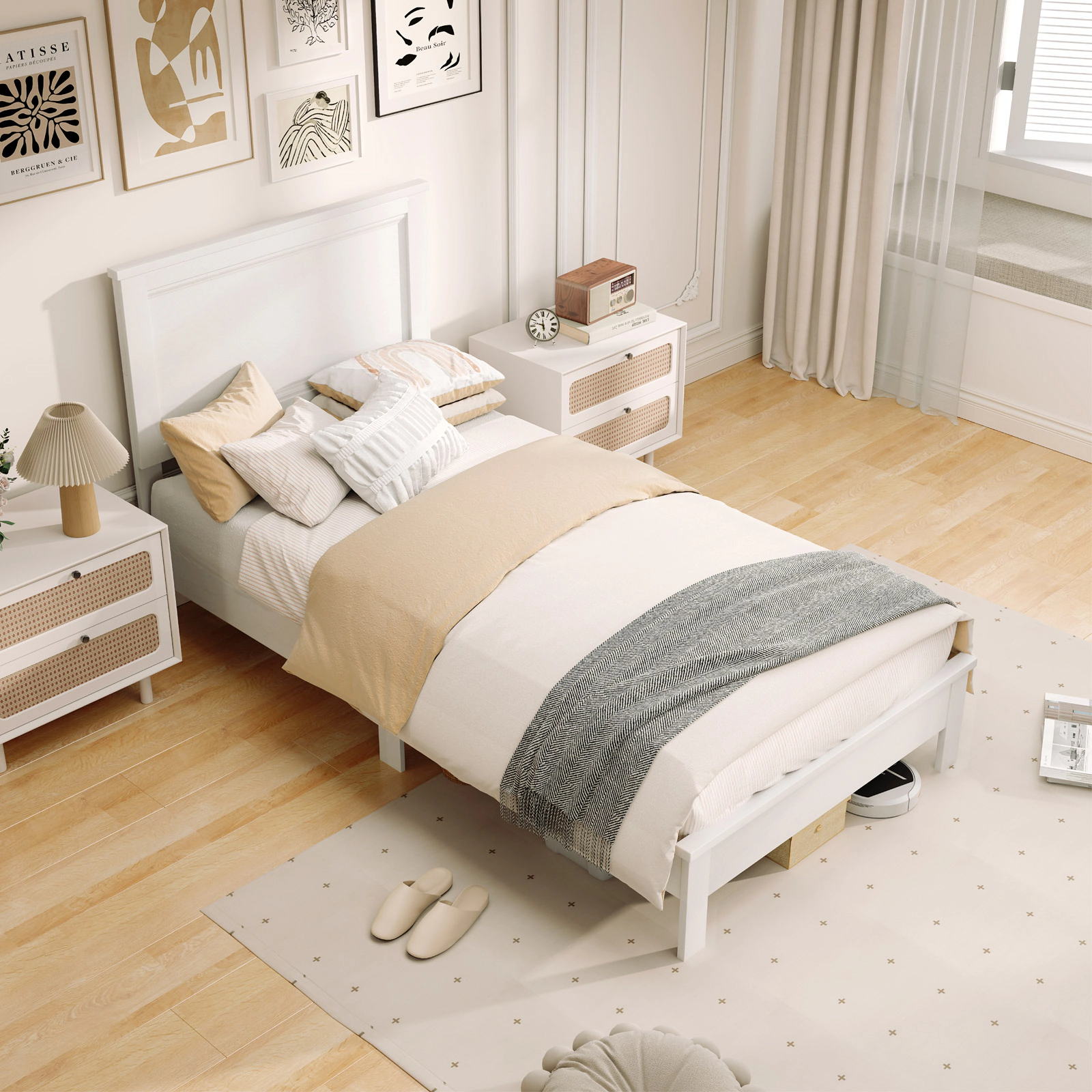 SUGIFT White Panel Headboard and 12 Slat Support Twin Size Wooden Bed Frame