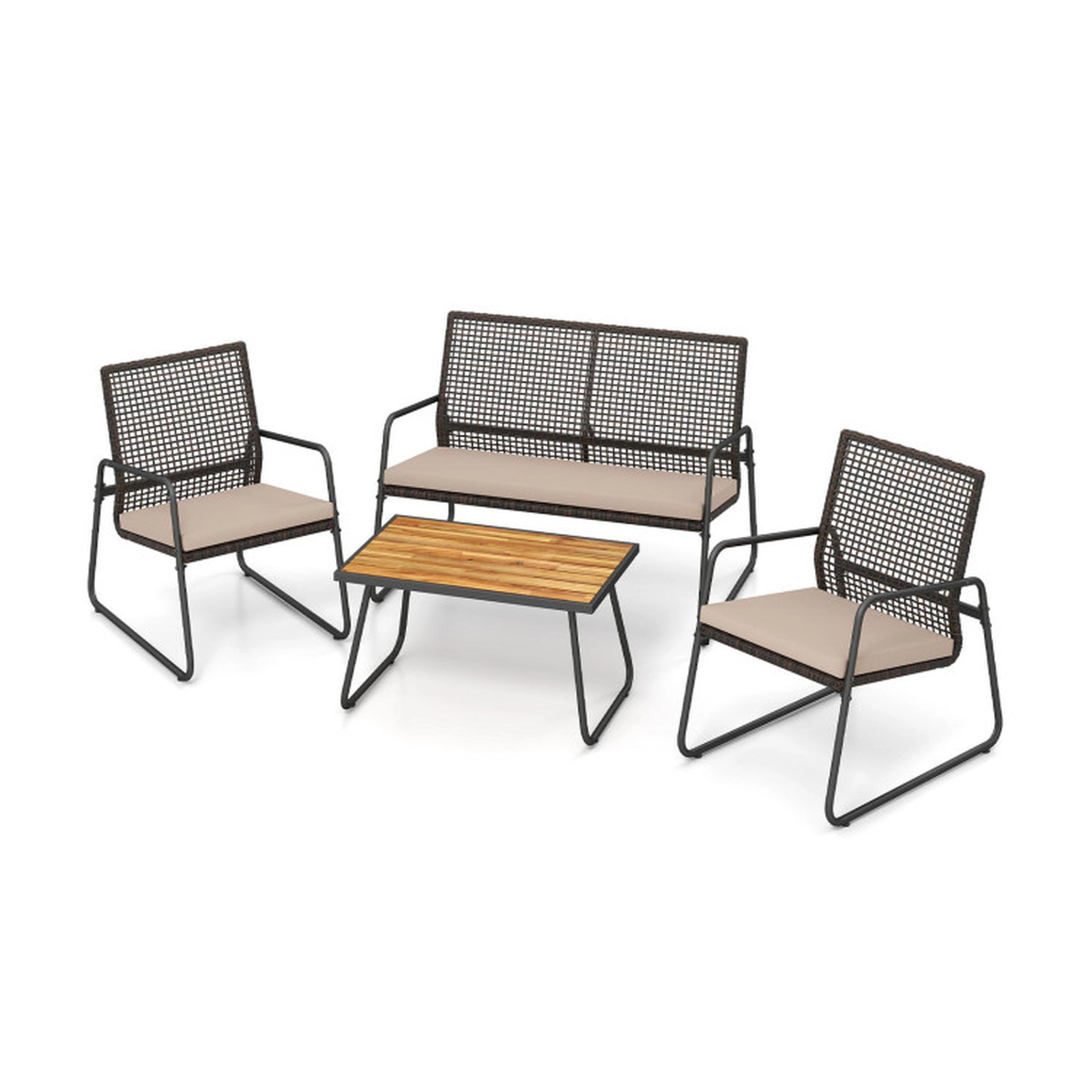 SUGIFT Brown Acacia Wood Coffee Table and Zippered Cushions 4-Piece Patio Rattan Sofa Set