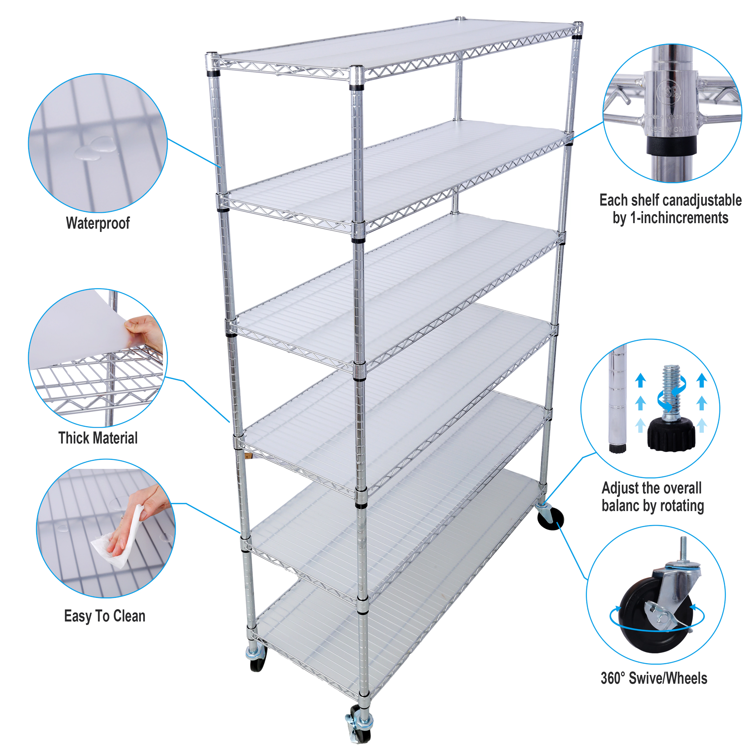 Flynama 6 Tier NSF Wire Shelving 6000 LBS with Wheels Liners 82 in H x 48 in L x 18 in D Chrome
