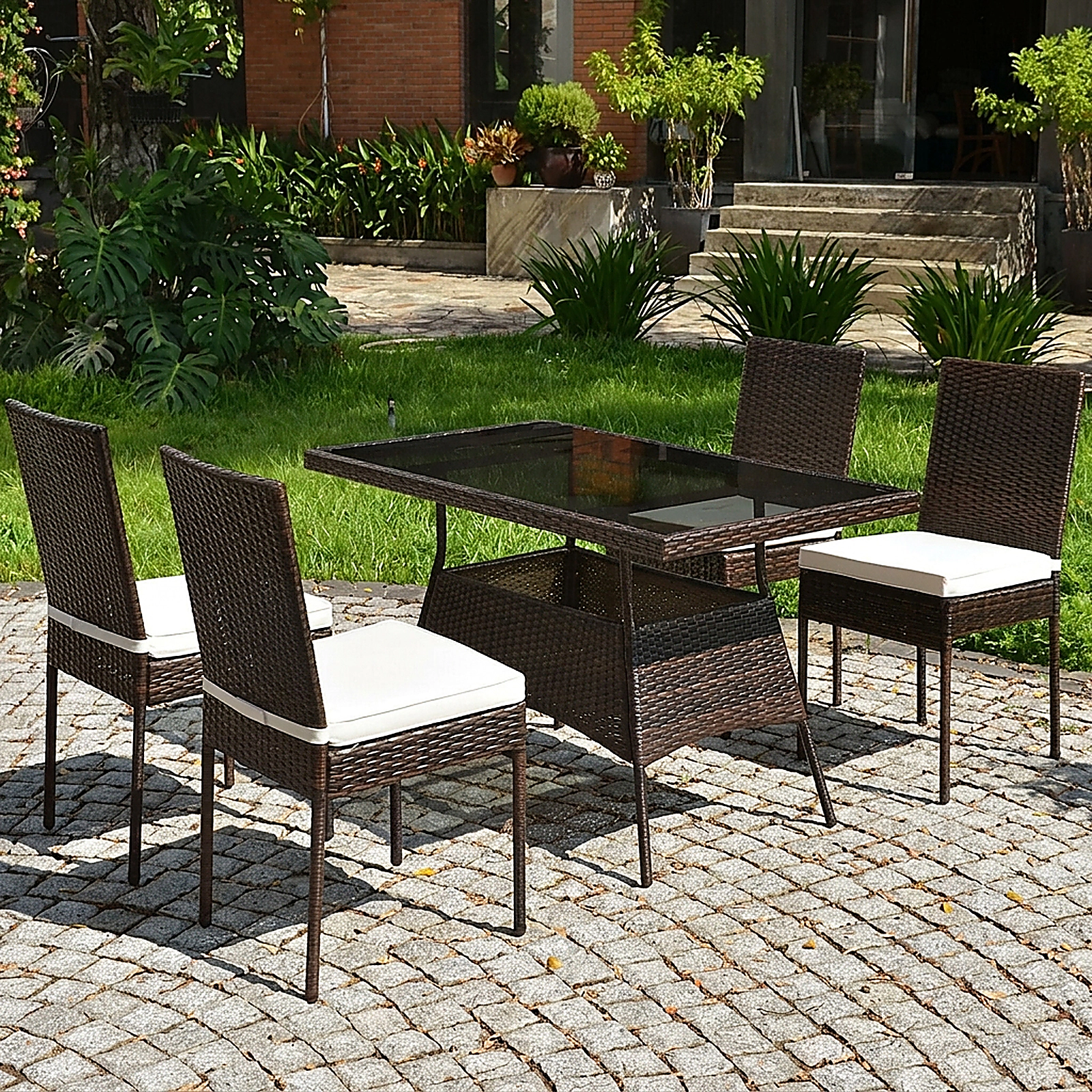 SUGIFT 5-Piece Outdoor Rattan Dining Set, Tempered Glass Table and 4 Cushioned High-Back Chairs