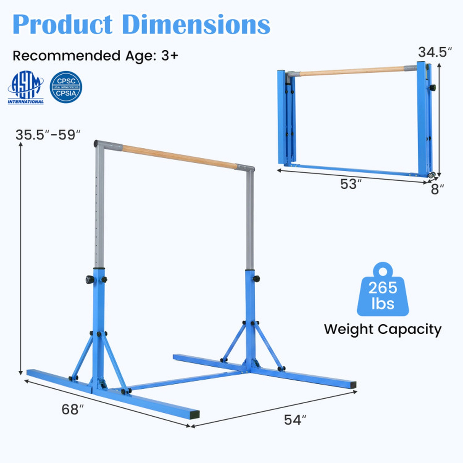 SUGIFT 265-lb Capacity 35.5-in to 59-in Adjustable Foldable Kids Gymnastics Bar with Bamboo Grip and Wheels