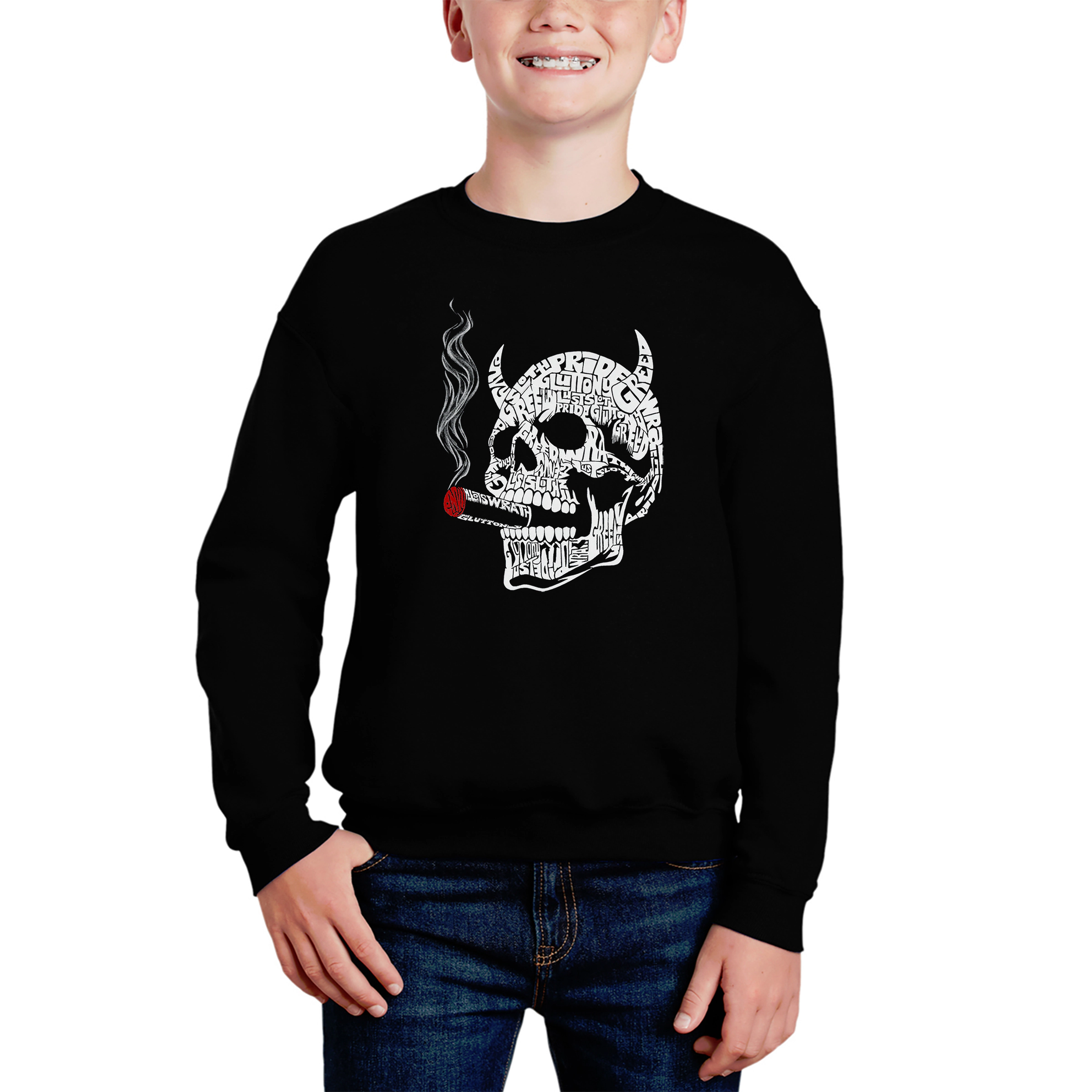 LA Pop Art Boy's Word Sweatshirt - 7 Deadly Sins Skull