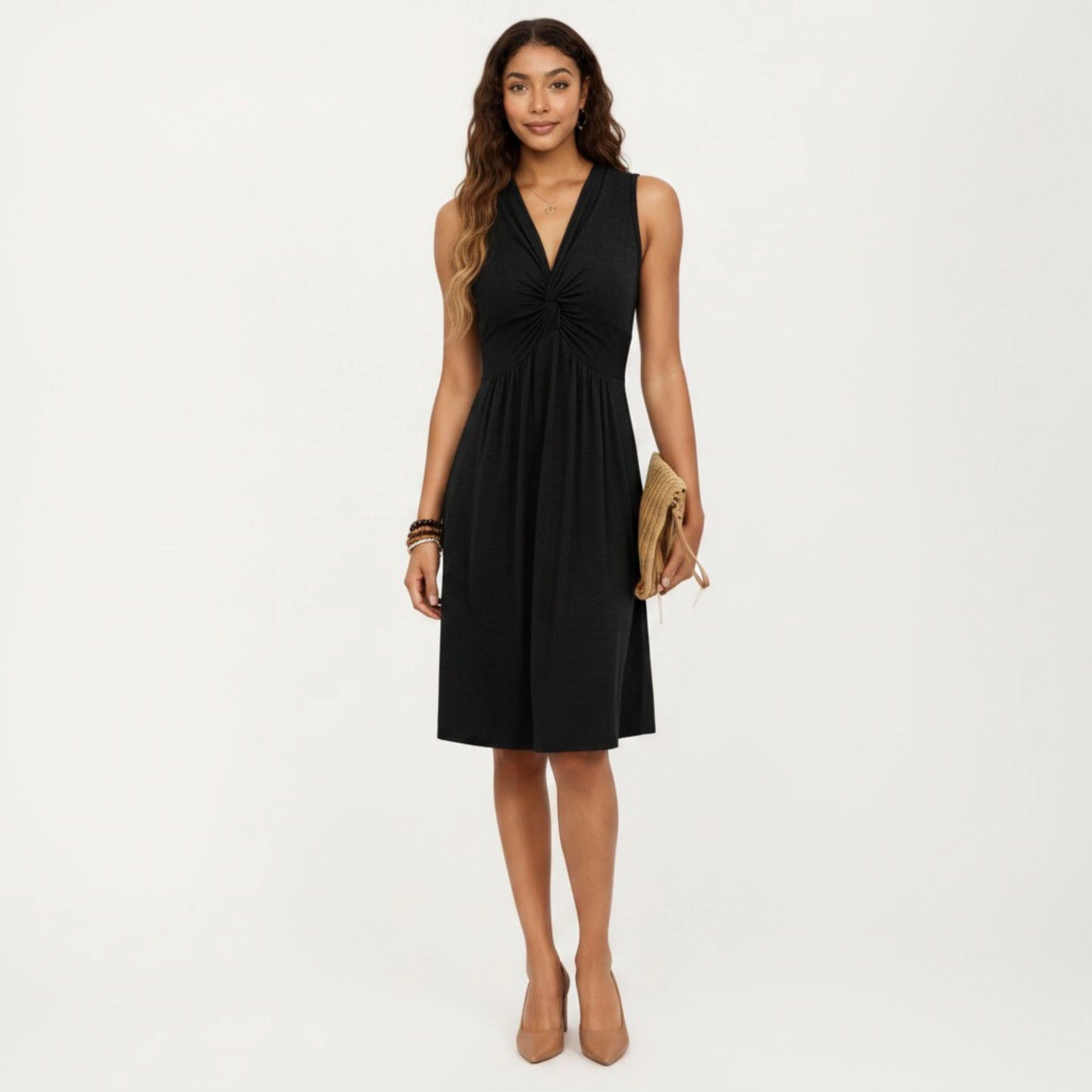 Anna-Kaci Women's Sleeveless V Neck Front Twist Detail Flowy A Line Silhouette Midi Dress
