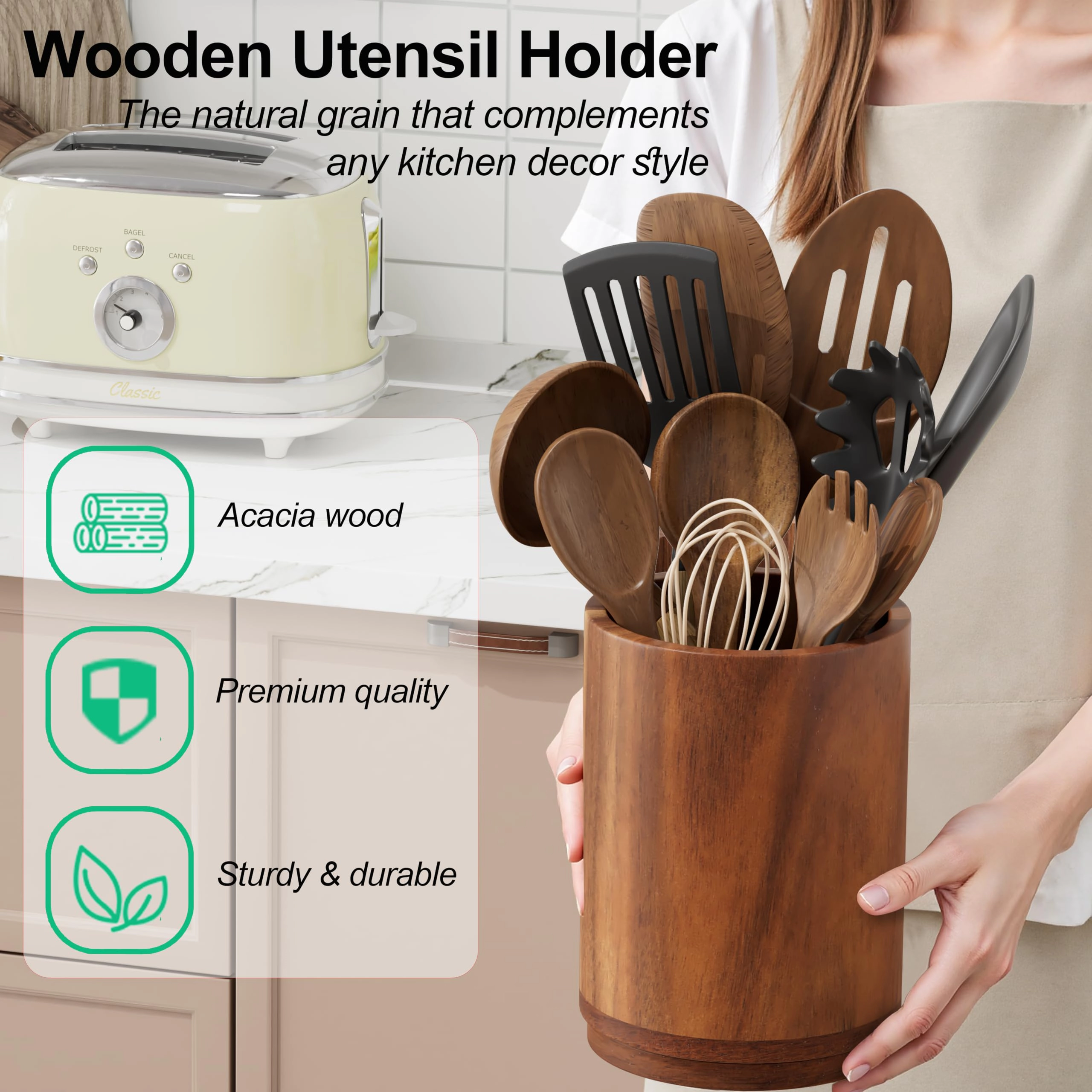 WZK 360 Rotating Wooden Kitchen Utensil Holder