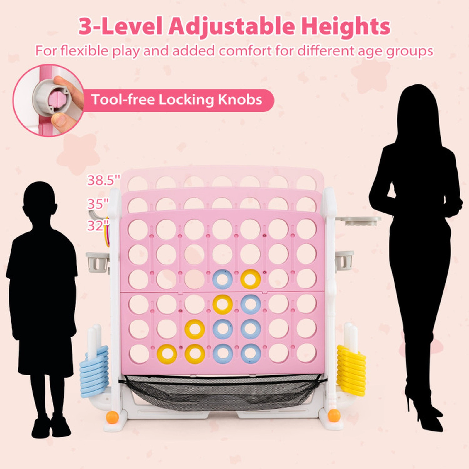 SUGIFT 4-in-1 Height Adjustable Row Connect Game with Mesh Net and Carrying Bag 32-in Tall Frame Pink