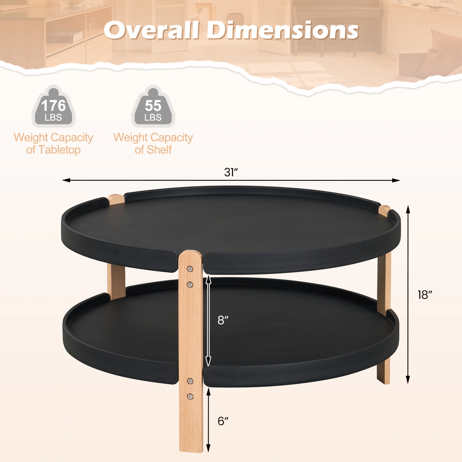 LJG 2-Tier Round Coffee Table with Open Storage Shelf and Solid Beech Wood Legs for Living Room