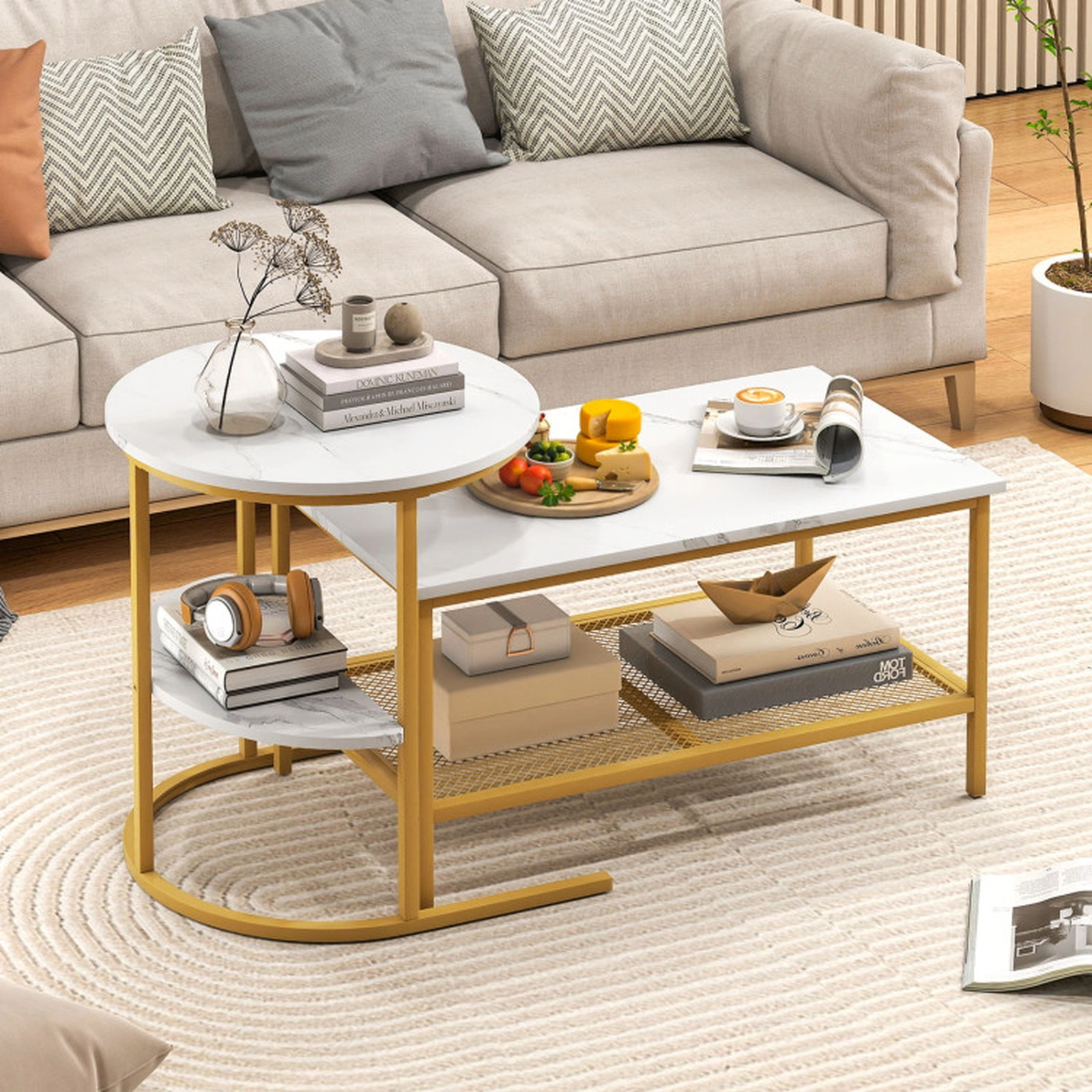 SUGIFT 2-Piece Faux Marble Top Rectangle Coffee and Round Side Table Set 31.5-in x 18-in 100-lb Capacity White