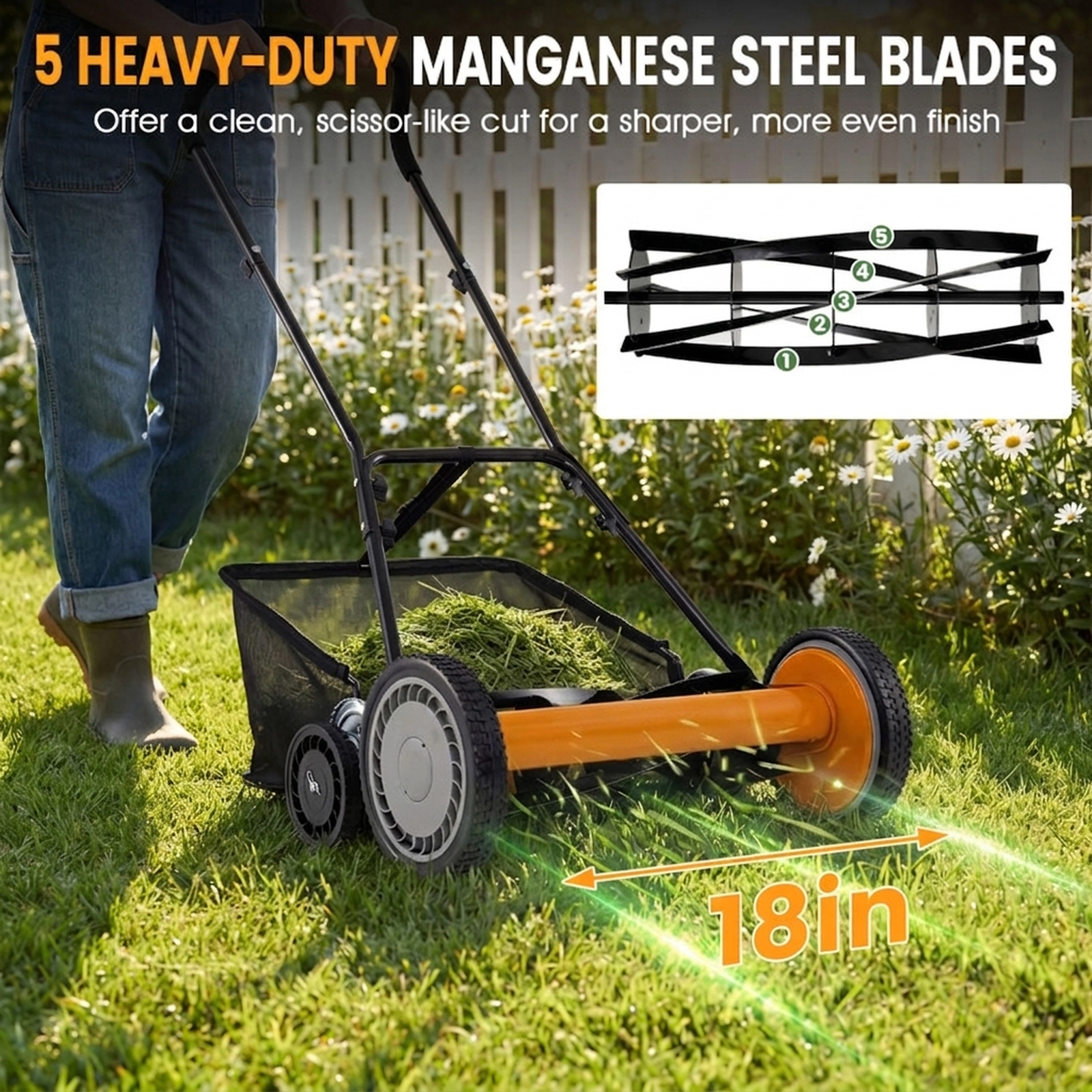 SUGIFT 18-in Push Reel Lawn Mower with 4-Position Height Adjustment Removable Grass Catcher Orange