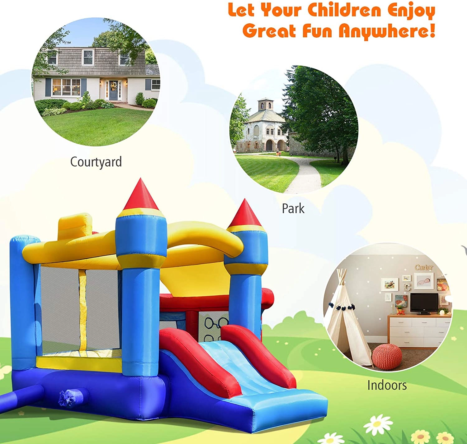 SUGIFT Inflatable Bounce House with Slide Ball Pit & Pitching Game 200-lb Capacity Ages 3-12 Multi-Color