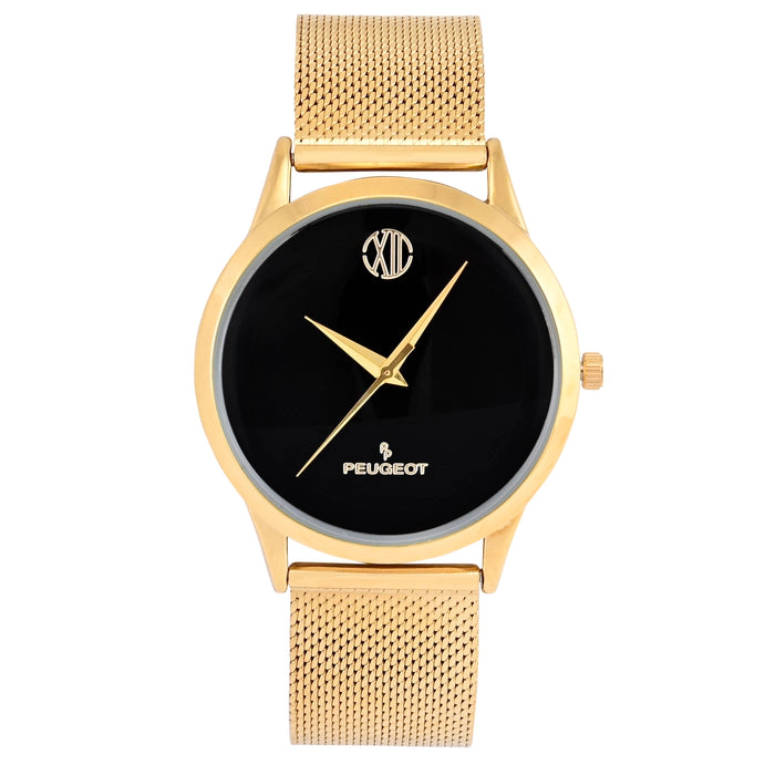 Peugeot Men's 40mm Wafer Slim Black Dial Gold Plated Case Watch with Mesh Band