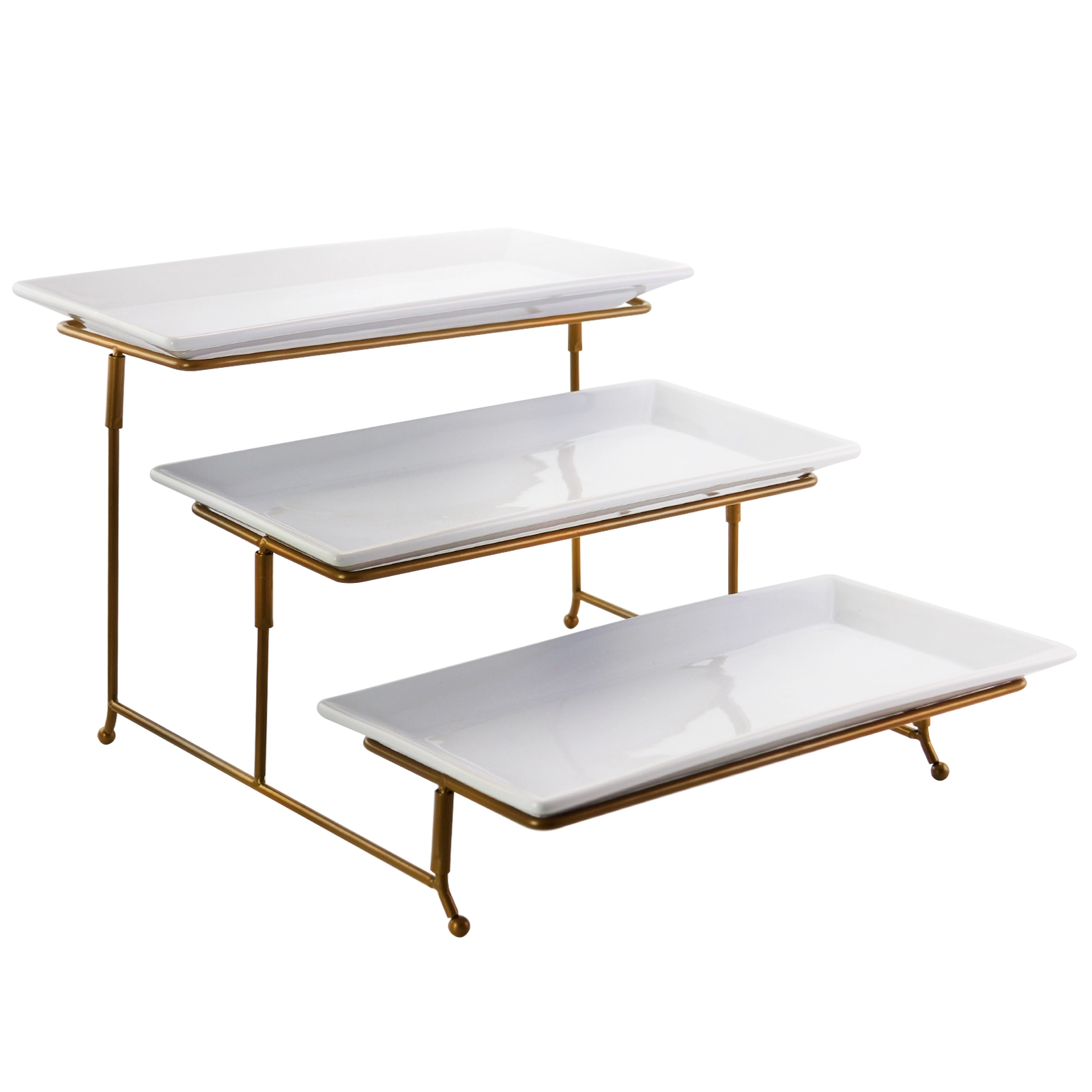 Gibson Elite Gracious Dining 3 Tiered Rectangle Porcelain Plate Set with Gold Metal Stand