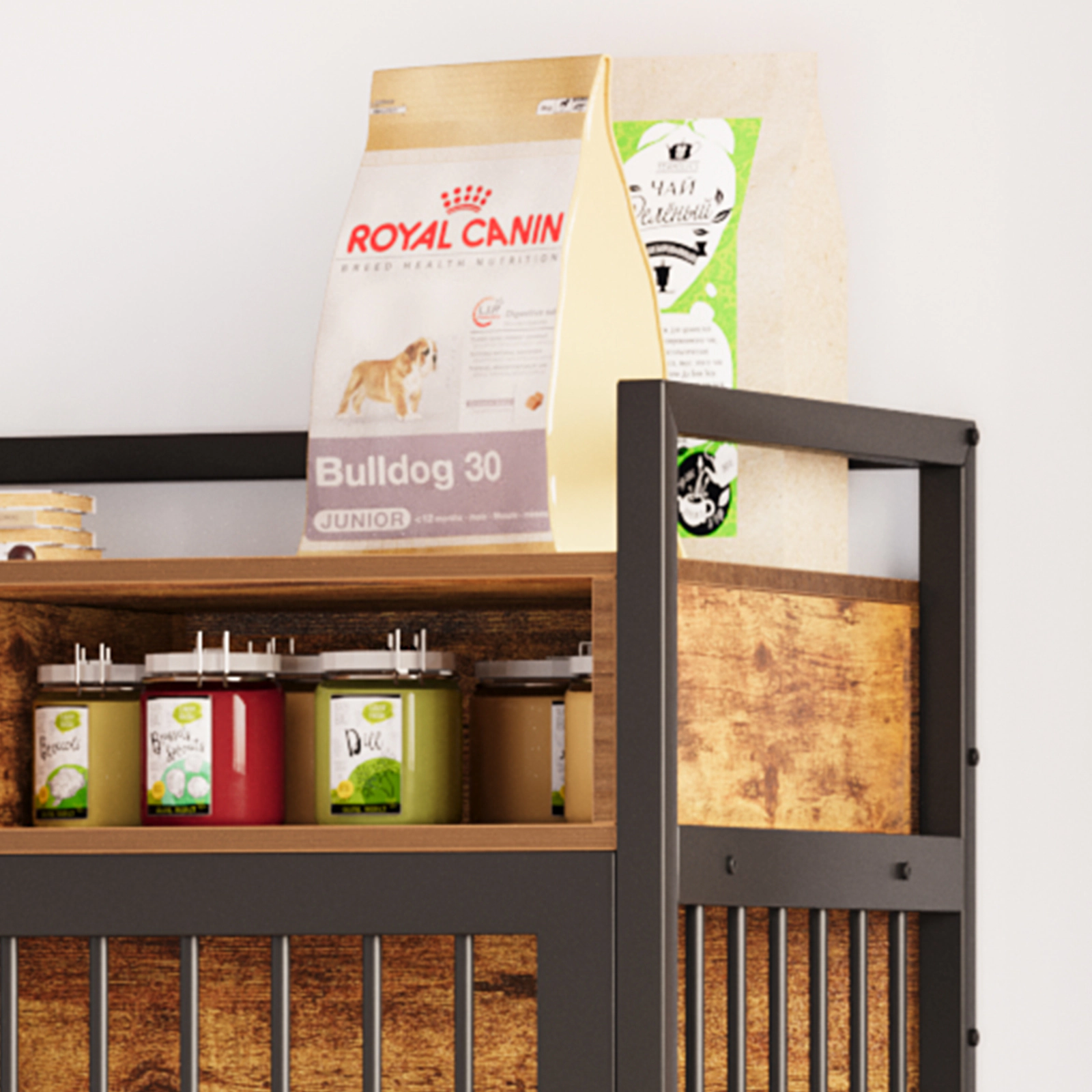 41" Large Dog Crate Furniture with 2 Storage Shelves & 360° Adjustable Feeder, Heavy Duty End Table for Medium Dogs