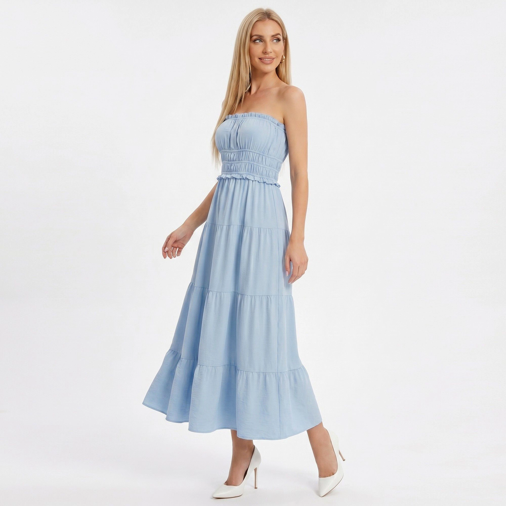 Anna-Kaci Women’s Strapless Smocked Maxi Dress with Tiered Skirt and Ruffle Trim