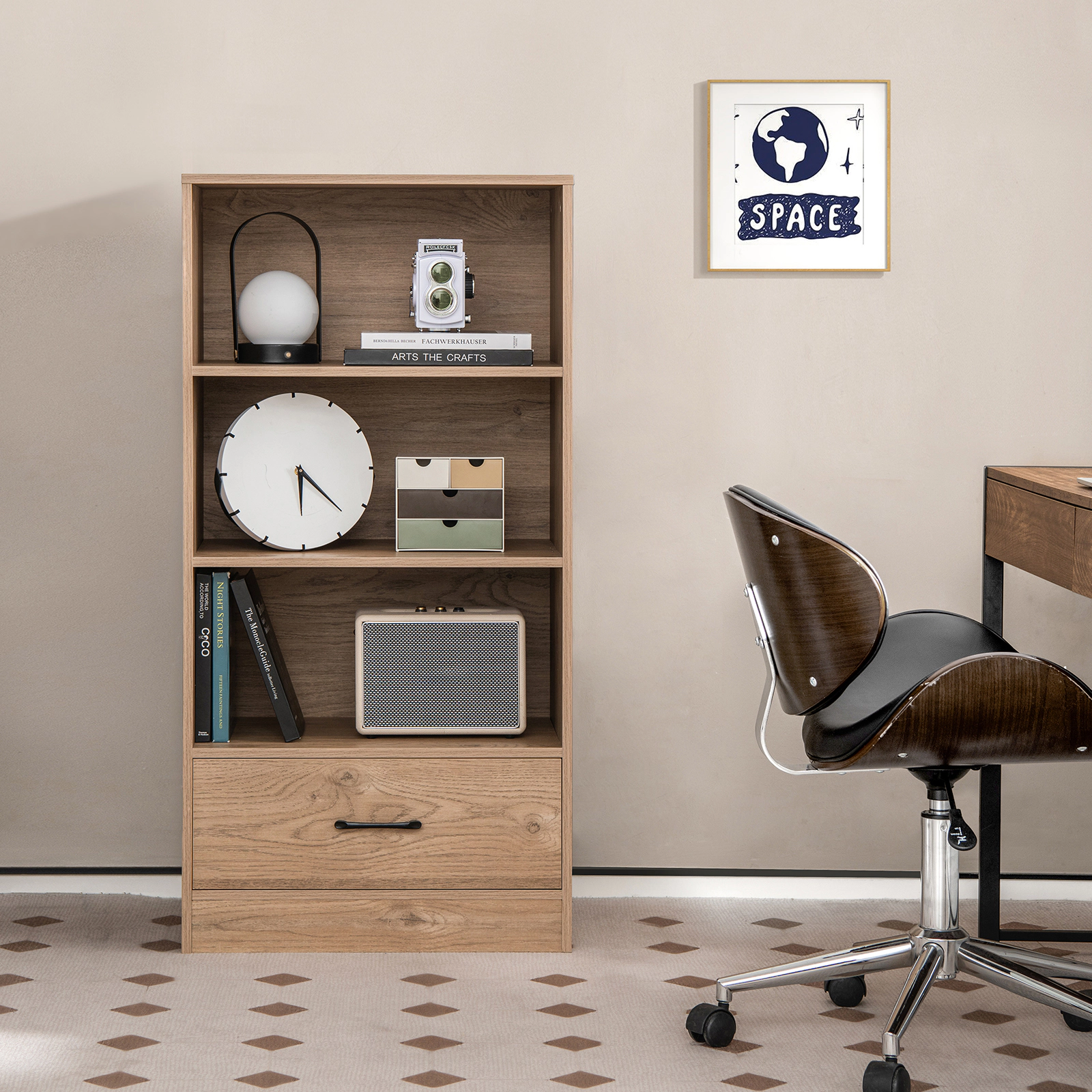 SUGIFT 4-Tier Storage Bookcase with Drawer and Anti-Toppling Device