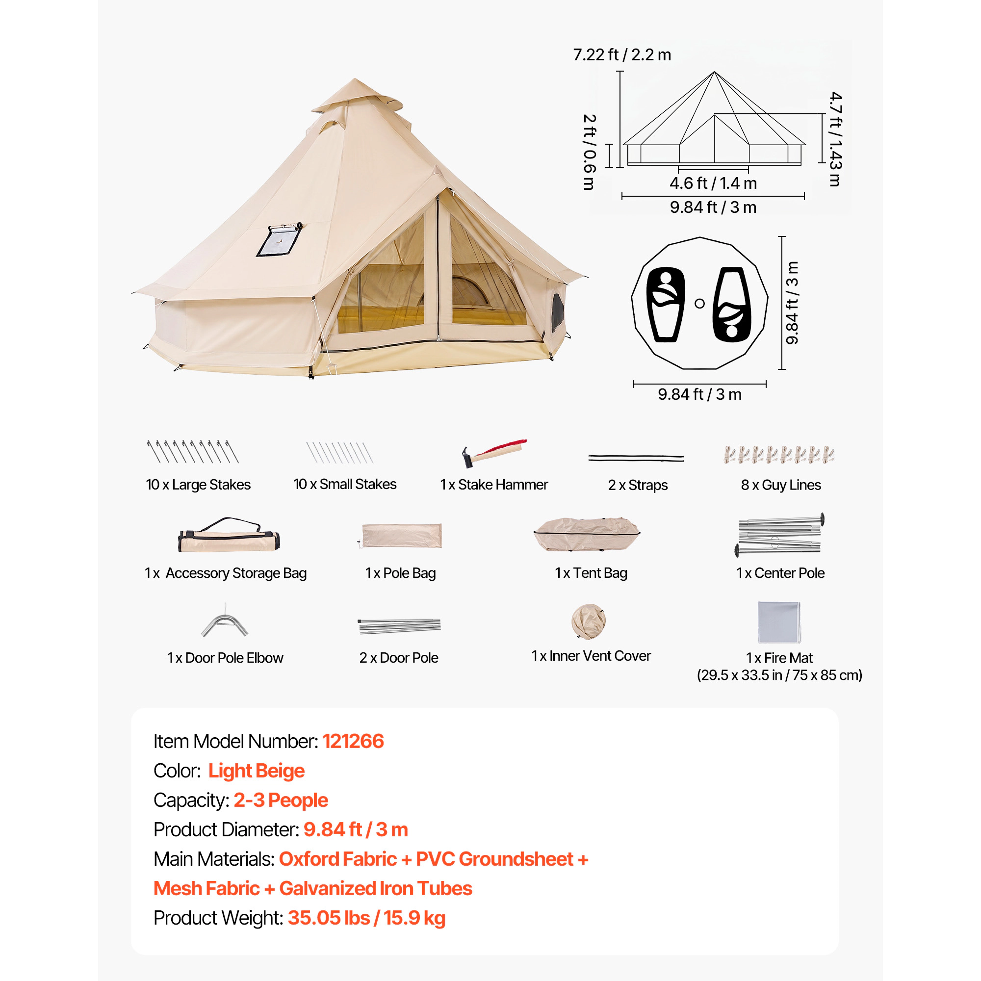 HONGGE Oxford Bell Tent 4 Seasons Yurt Tent for Camping with Stove Jack Waterproof Breathable Holds with Zipped