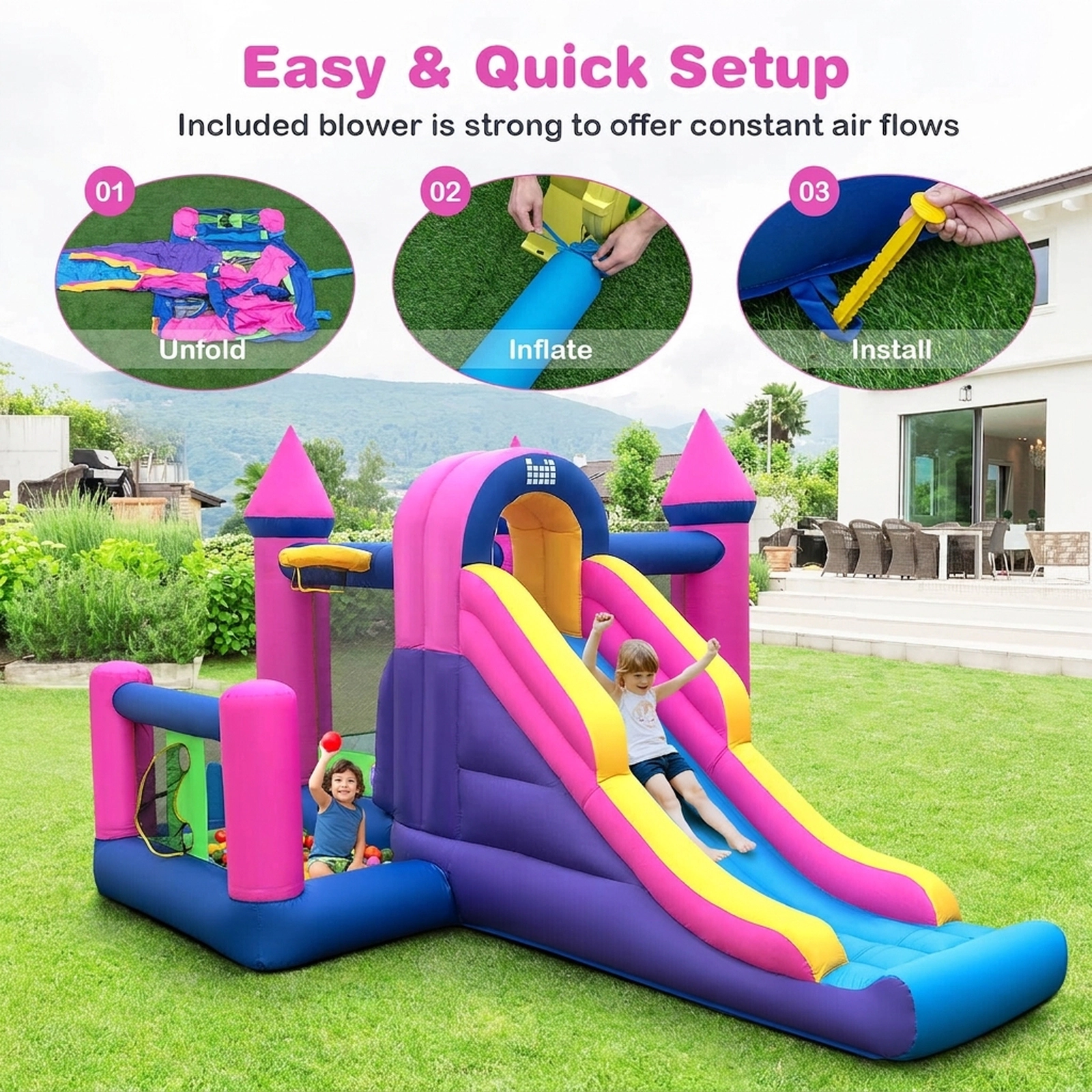 7-in-1 Kids Inflatable Bounce House with 90.5-in Long Slide Basketball Ring Toss Ball Pit and 735W Blower
