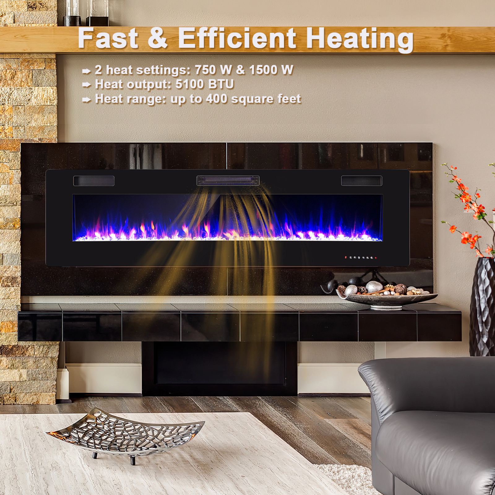 SlickBlue 68 Inch Recessed Electric Fireplace with Crystals, Logs, Timer and Remote