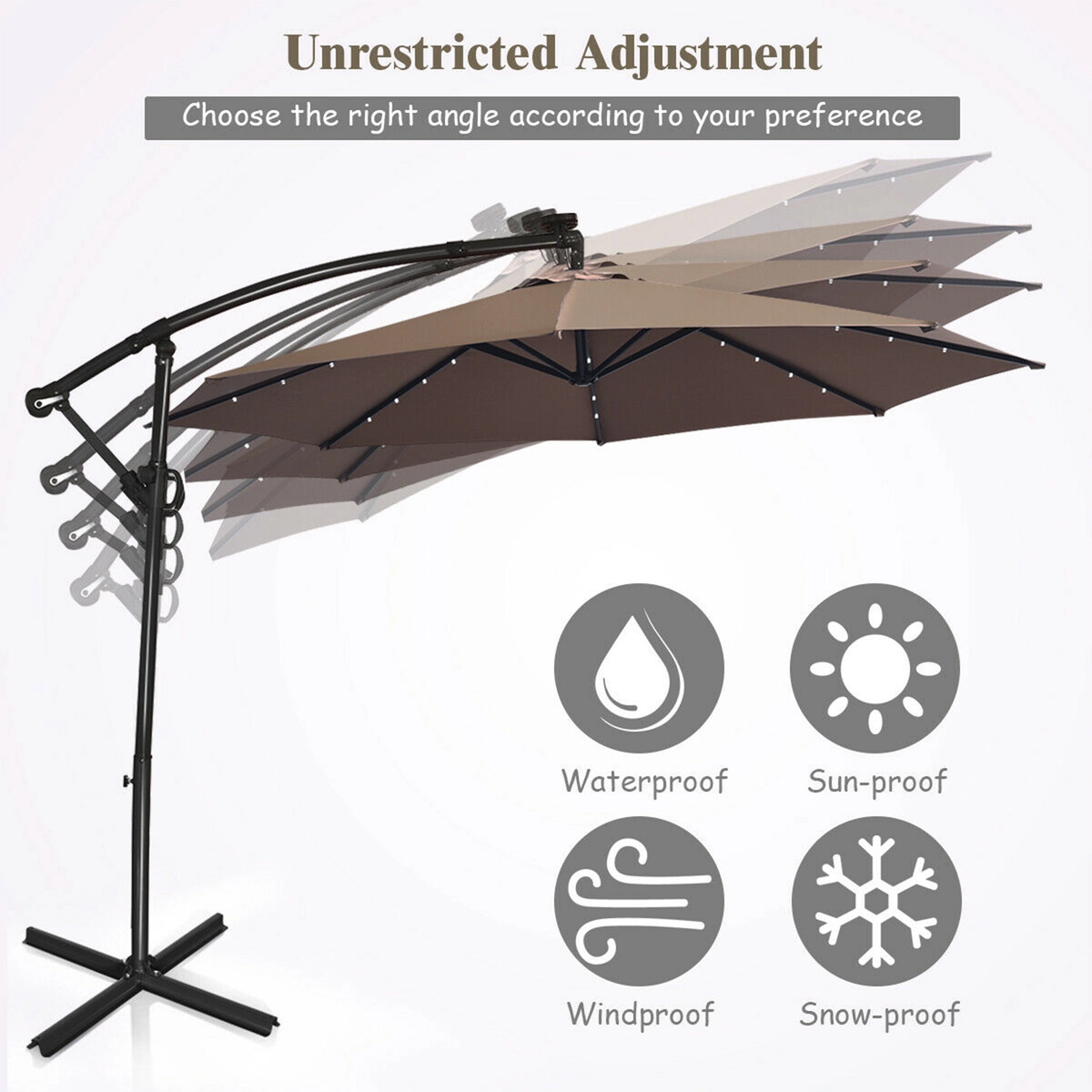 SUGIFT 10-ft Tan Offset Hanging Patio Umbrella with 8 Ribs Vented Canopy and Solar LED Lighting for Pool