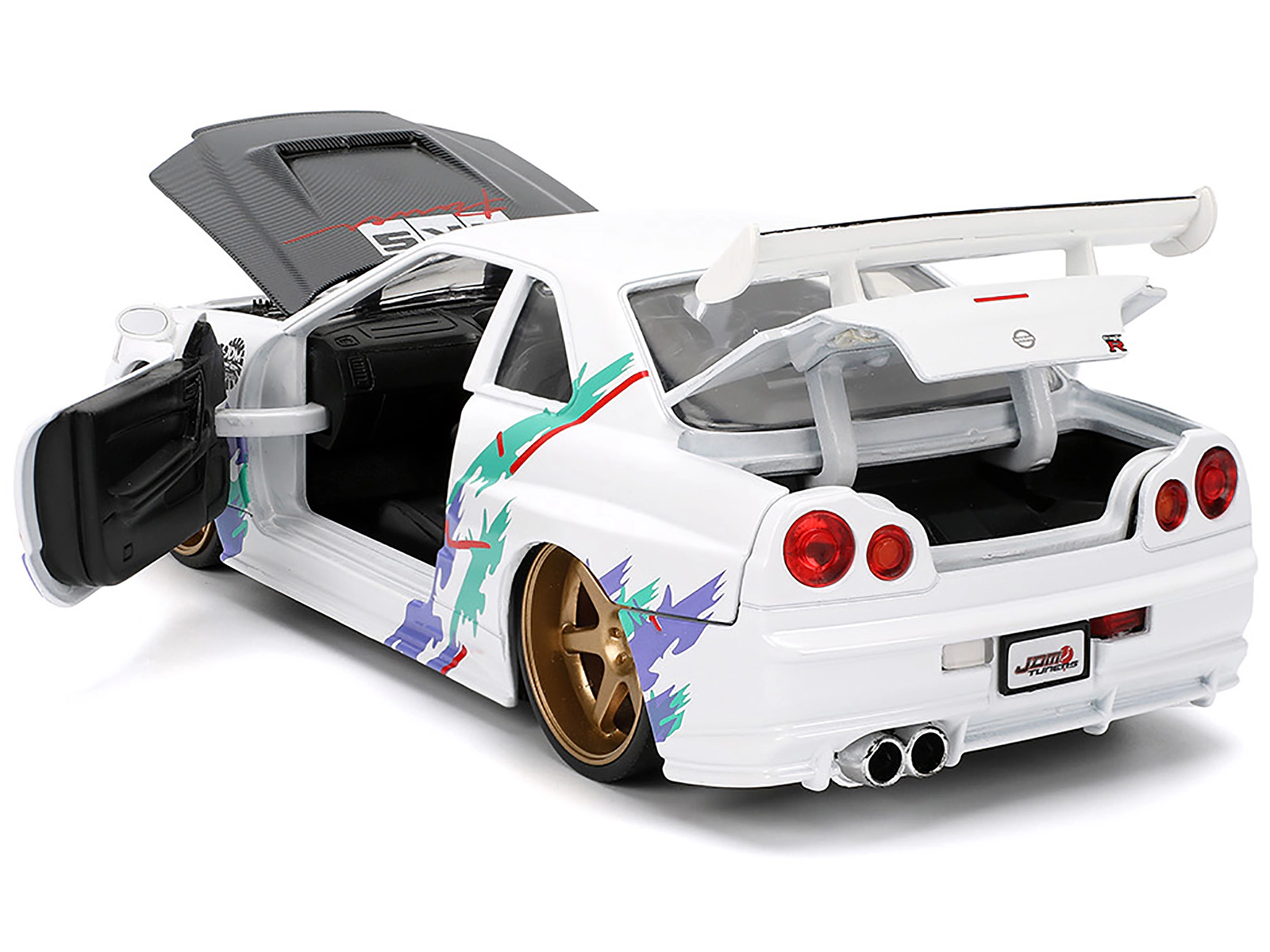 Jada 2002 Nissan Skyline GT-R (R34) RHD (Right Hand Drive) "HKS Power" White with Carbon Hood and Graphics