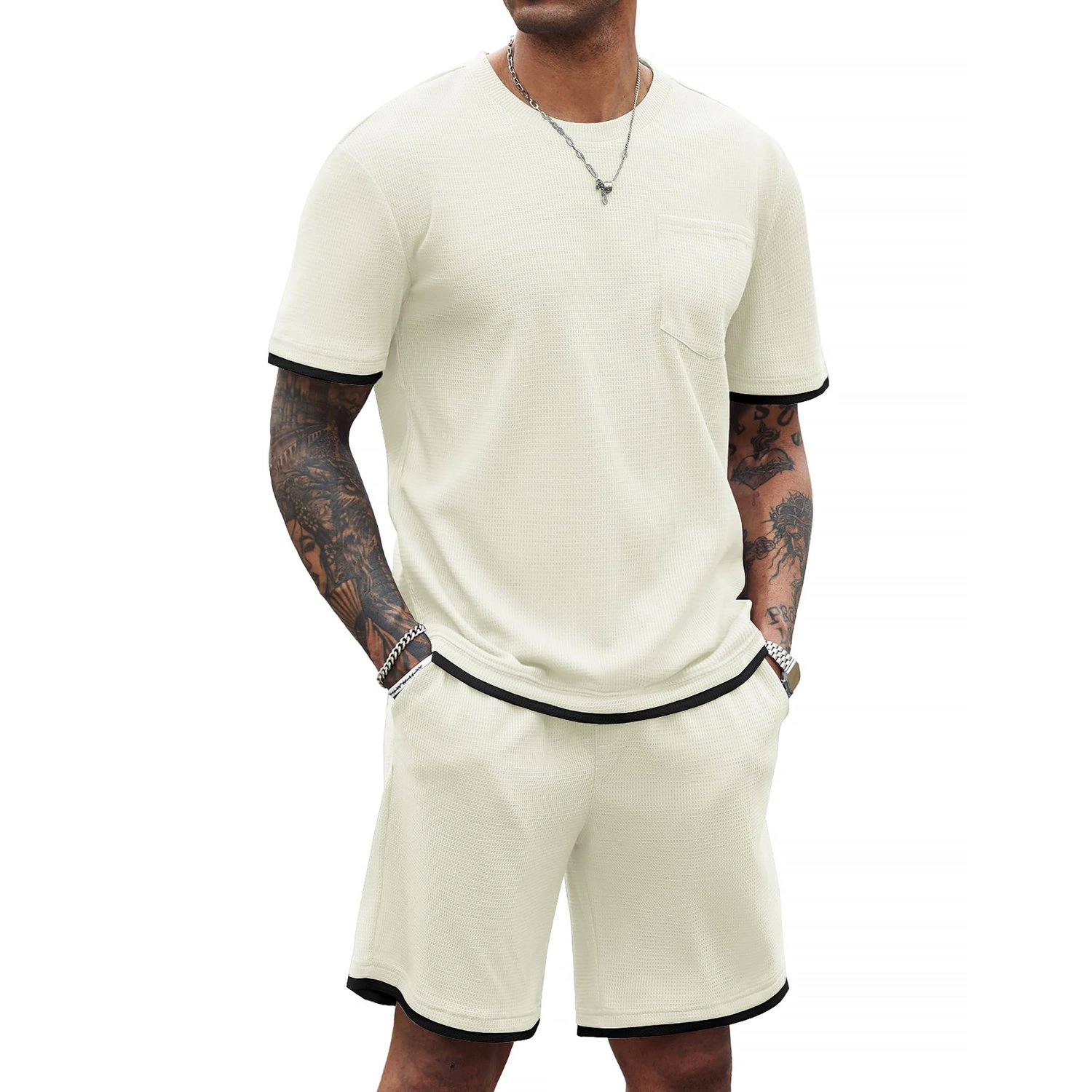 COOFANDY Mens  Casual 2 Piece Set Crew Neck Pocket Tee Shorts Contrast Trim