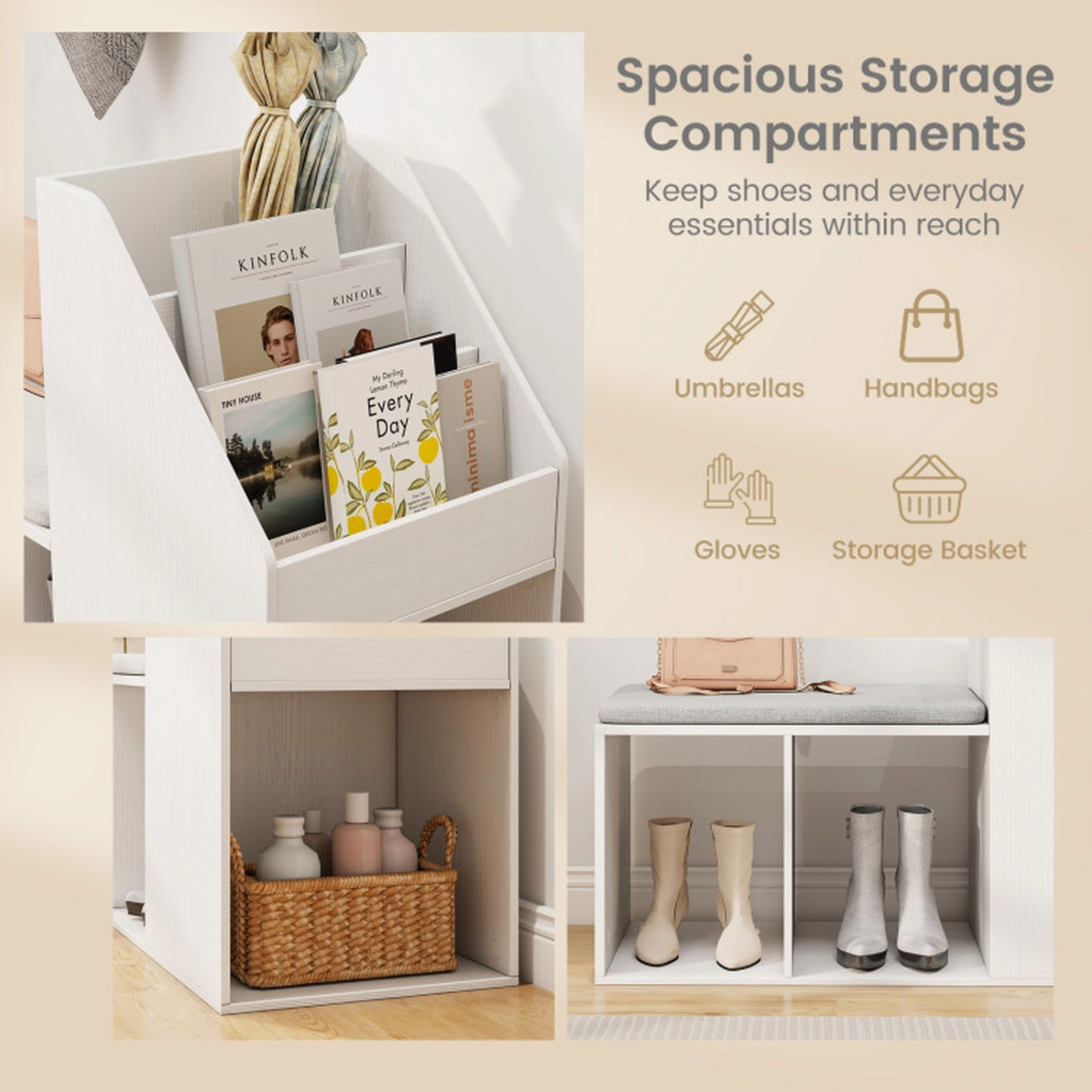 SUGIFT White Removable Washable Seat Cushion and 6 Compartments Shoe Storage Bench