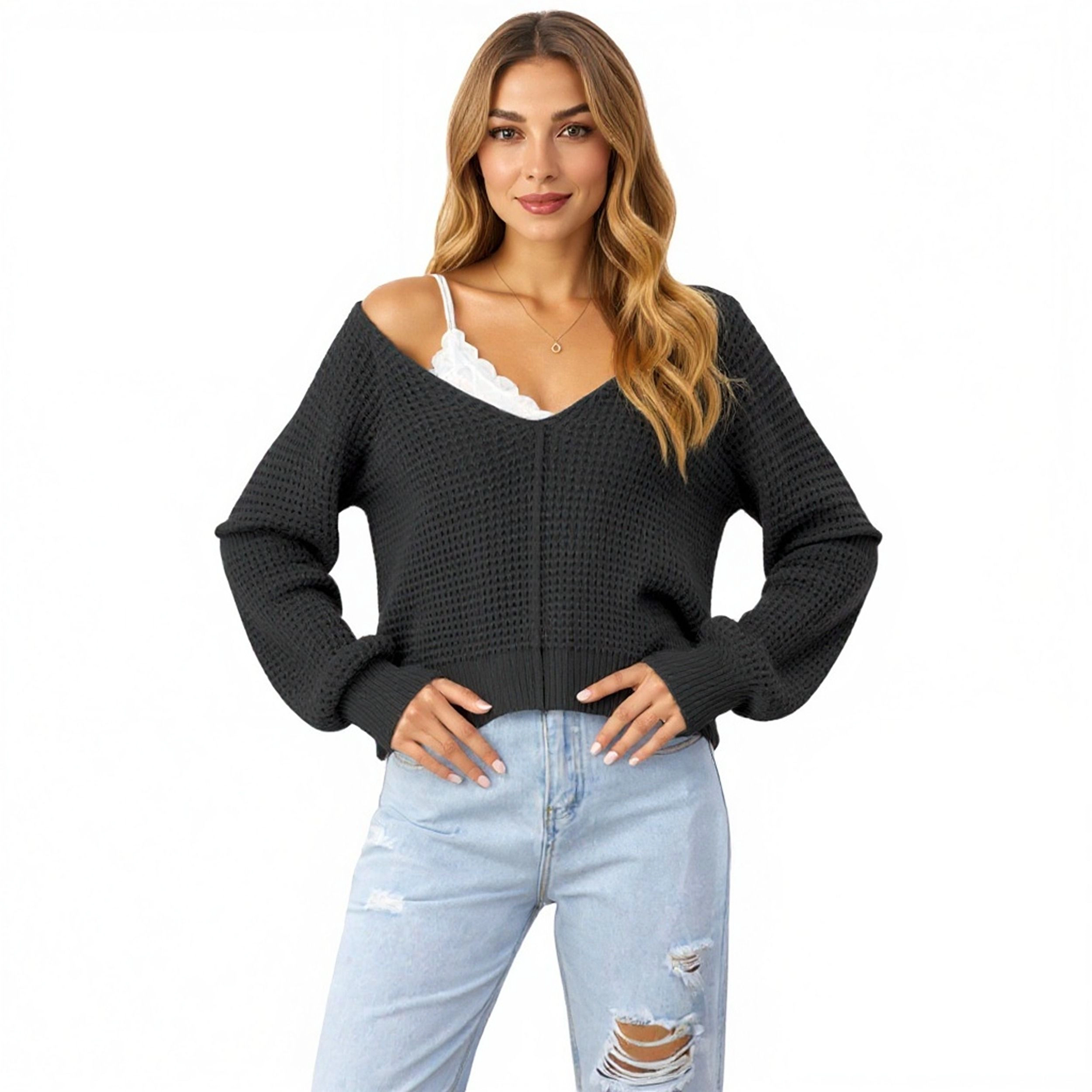 Anna-Kaci Women's Long Sleeve Waffle Knit Pullover Sweater with Relaxed Fit
