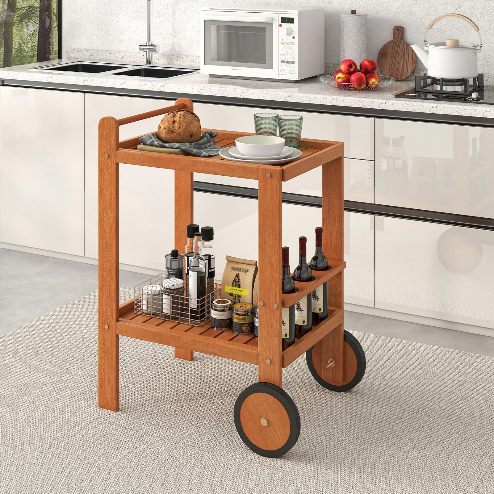 SUGIFT 2 Tier Rolling Hardwood Serving Cart with Wine Bottle Holders 44-lb Tier Capacity Natural