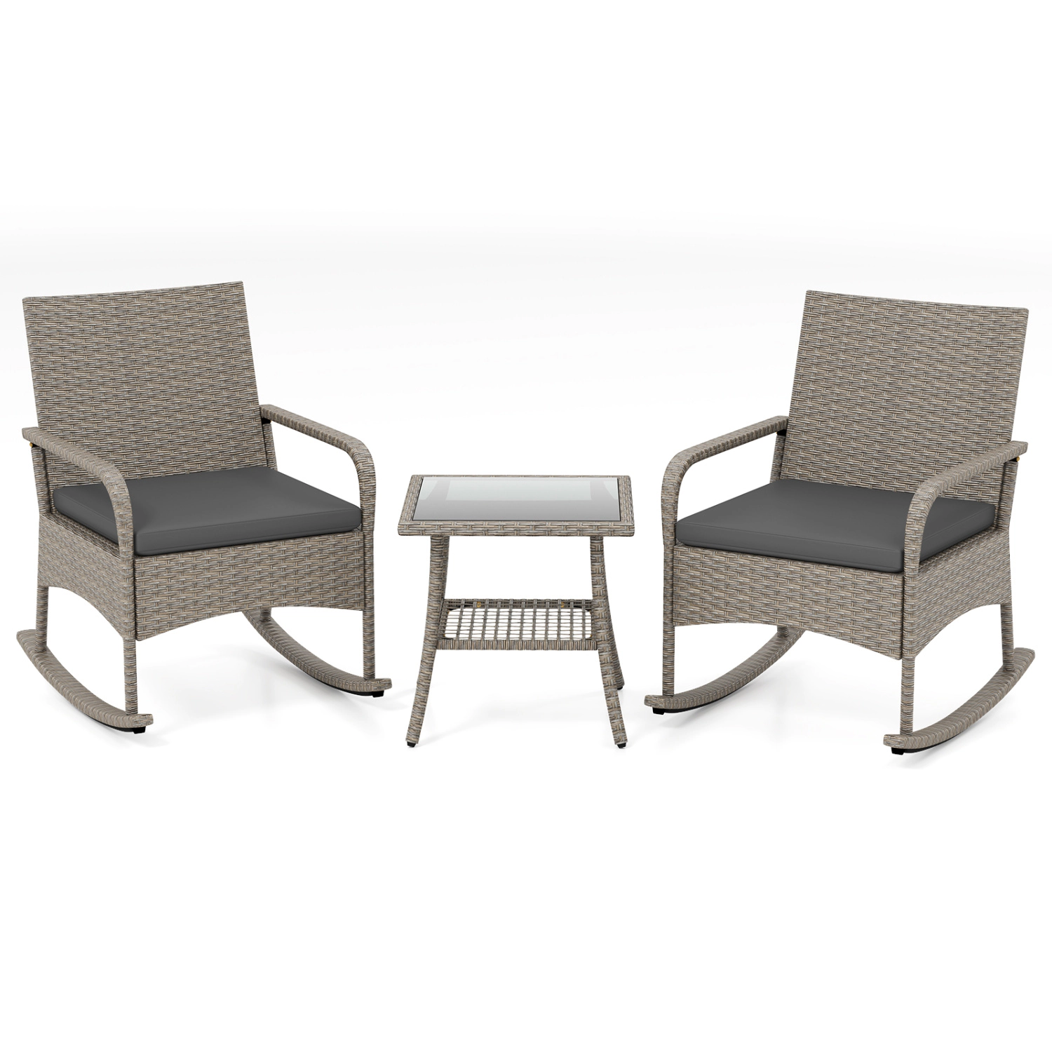 LJG 3-Piece Wicker Rocking Bistro Set with Cushions for Garden Backyard Porch