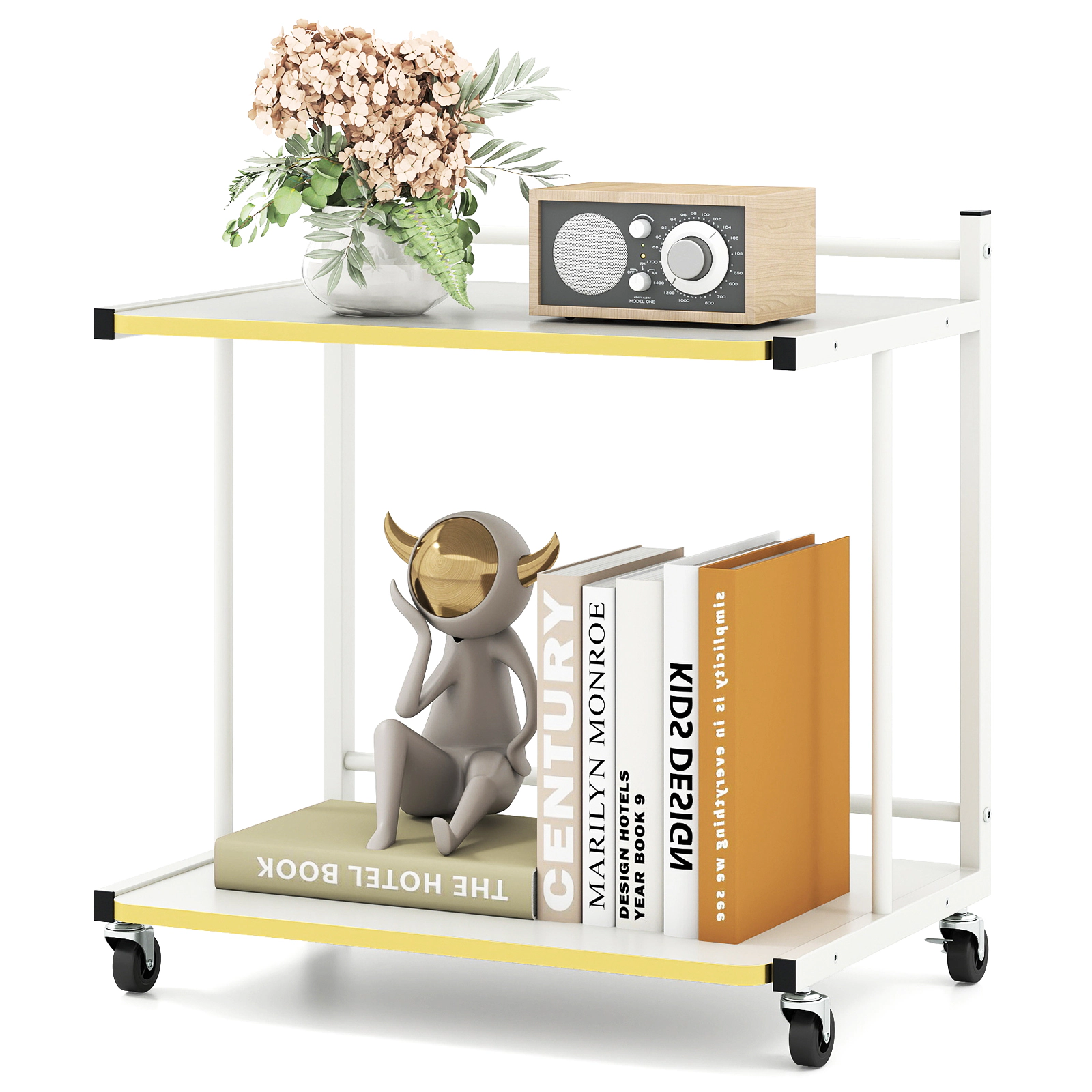 Glintex Mobile 2-Tier C-Shaped Side Table with Gold Trim and Anti-Drop Guardrails, White